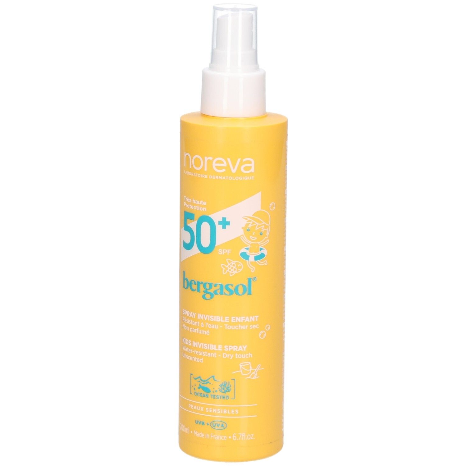 Noreva Bergasol Kinder-Sonnenspray LSF 50+. Gelbe Sprühflasche mit weißem Pumpspender. LSF 50+.