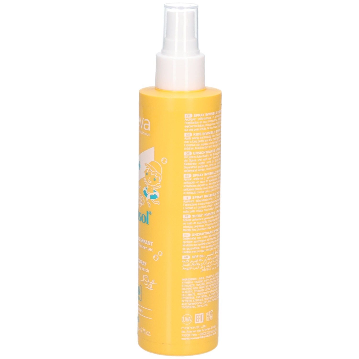 Rückseite Noreva Bergasol Kinder-Sonnenspray LSF 50+. Gelbe Sprühflasche mit detaillierten Produktinformationen.
