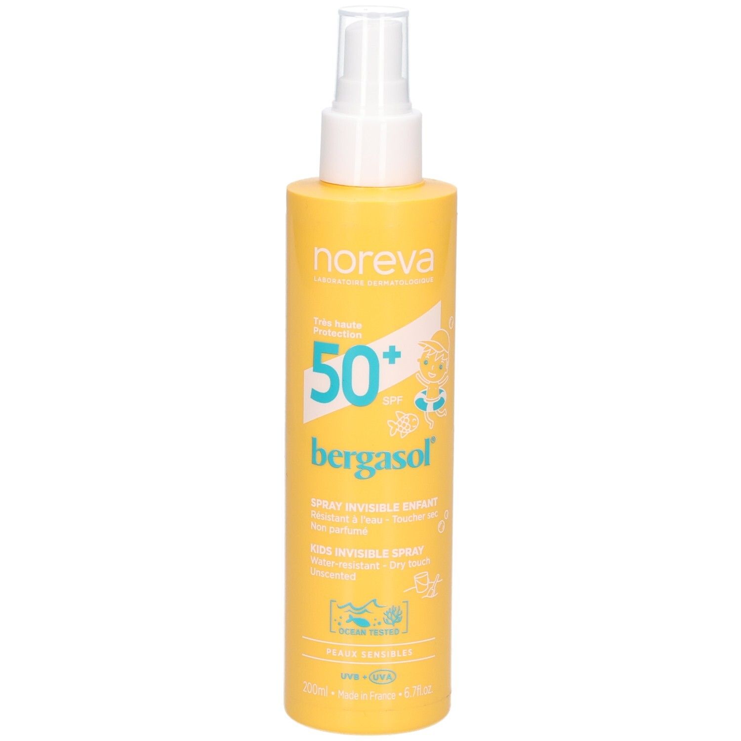 Noreva Bergasol Kinder-Sonnenspray LSF 50+. Gelbe Sprühflasche mit weißem Pumpspender. LSF 50+.
