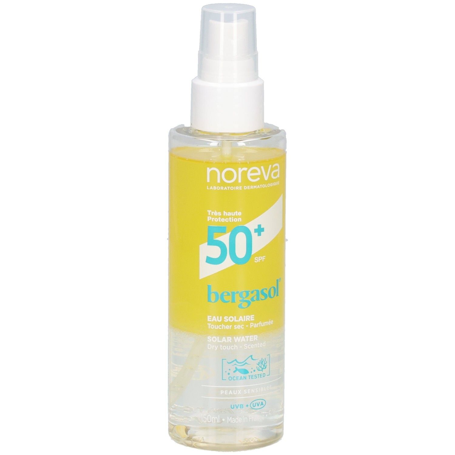 NOREVA Bergasol Sonnenwasser Spray LSF 50+. Transparente Flüssigkeit in klarer Sprühflasche mit gelbem Etikett.