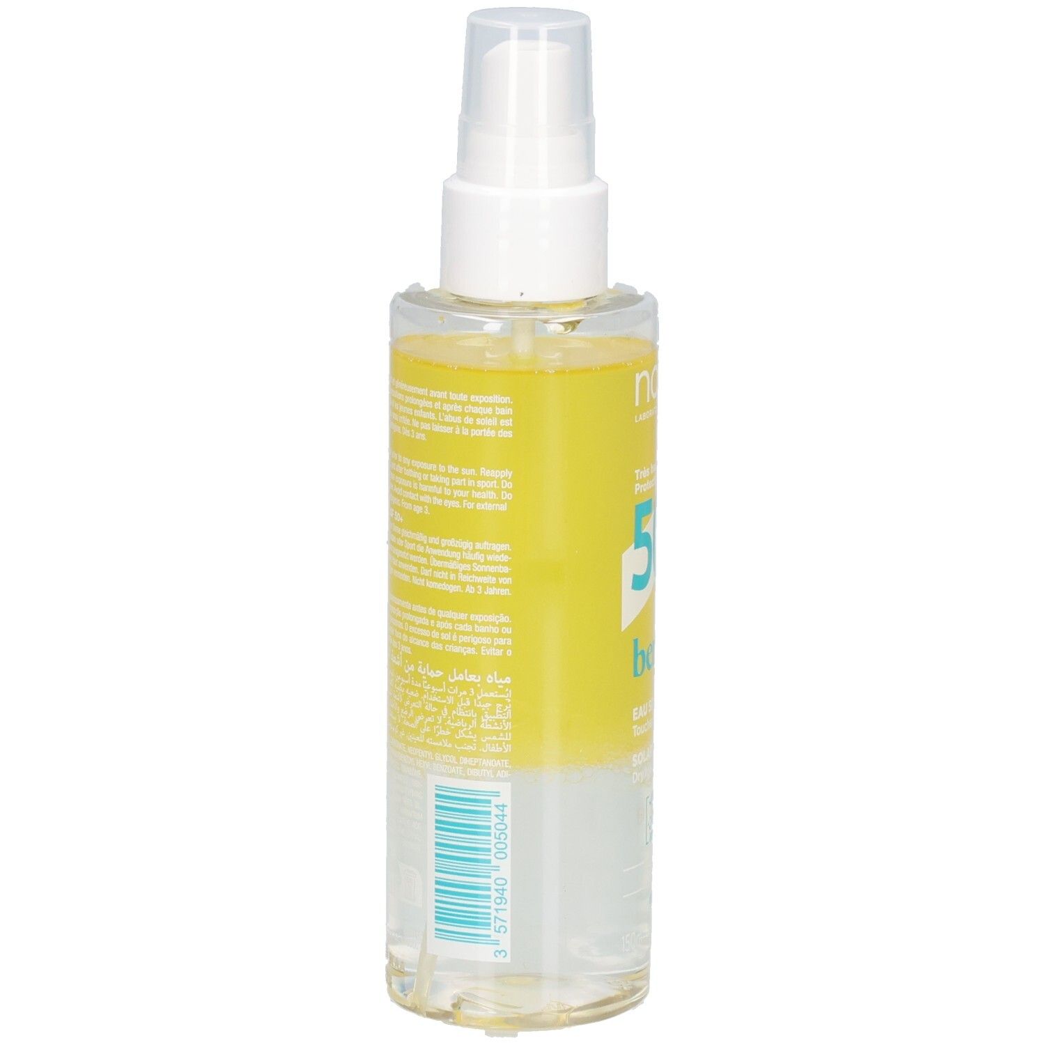 Rückseite NOREVA Bergasol Sonnenwasser Spray LSF 50+. Gelbes Etikett mit Produktinformationen und Barcode.
