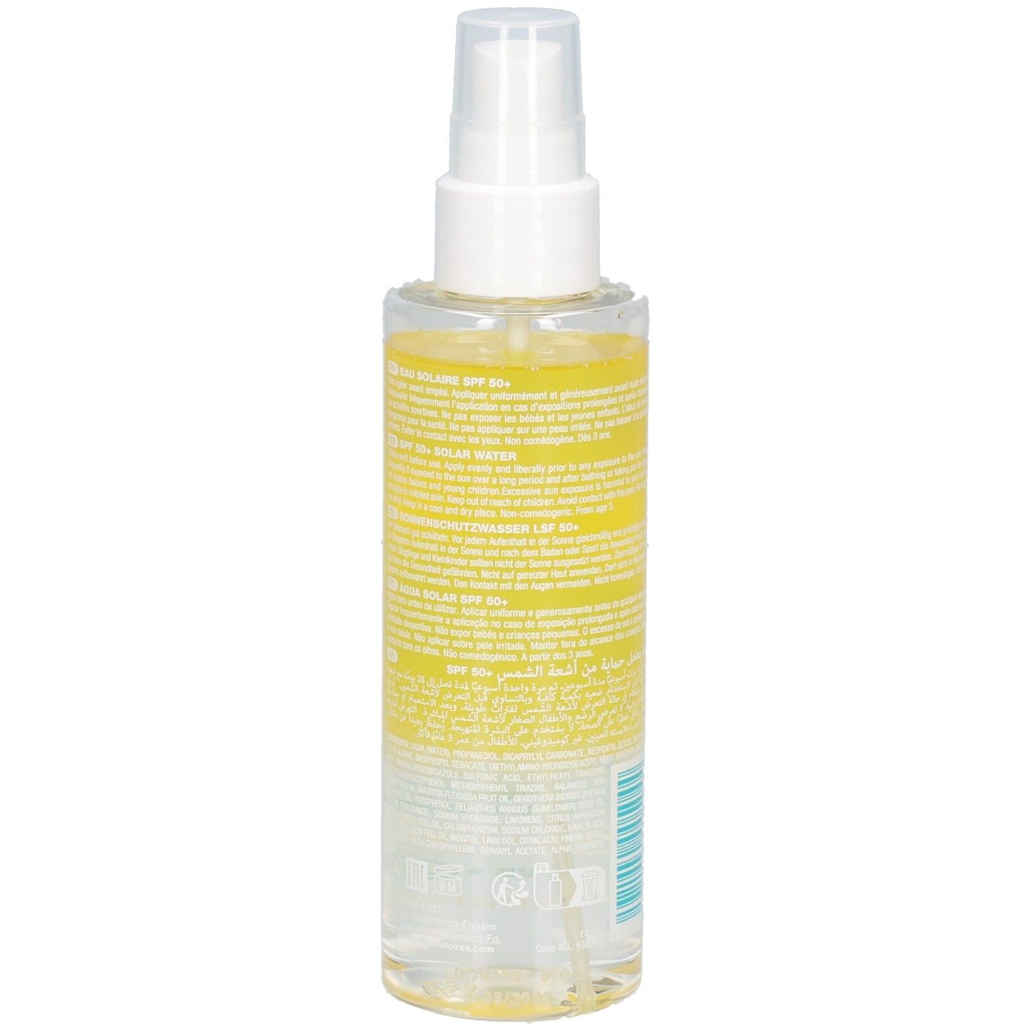 Rückseite NOREVA Bergasol Sonnenwasser Spray LSF 50+. Gelbes Etikett mit Produktinformationen, Barcode und Siegeln.