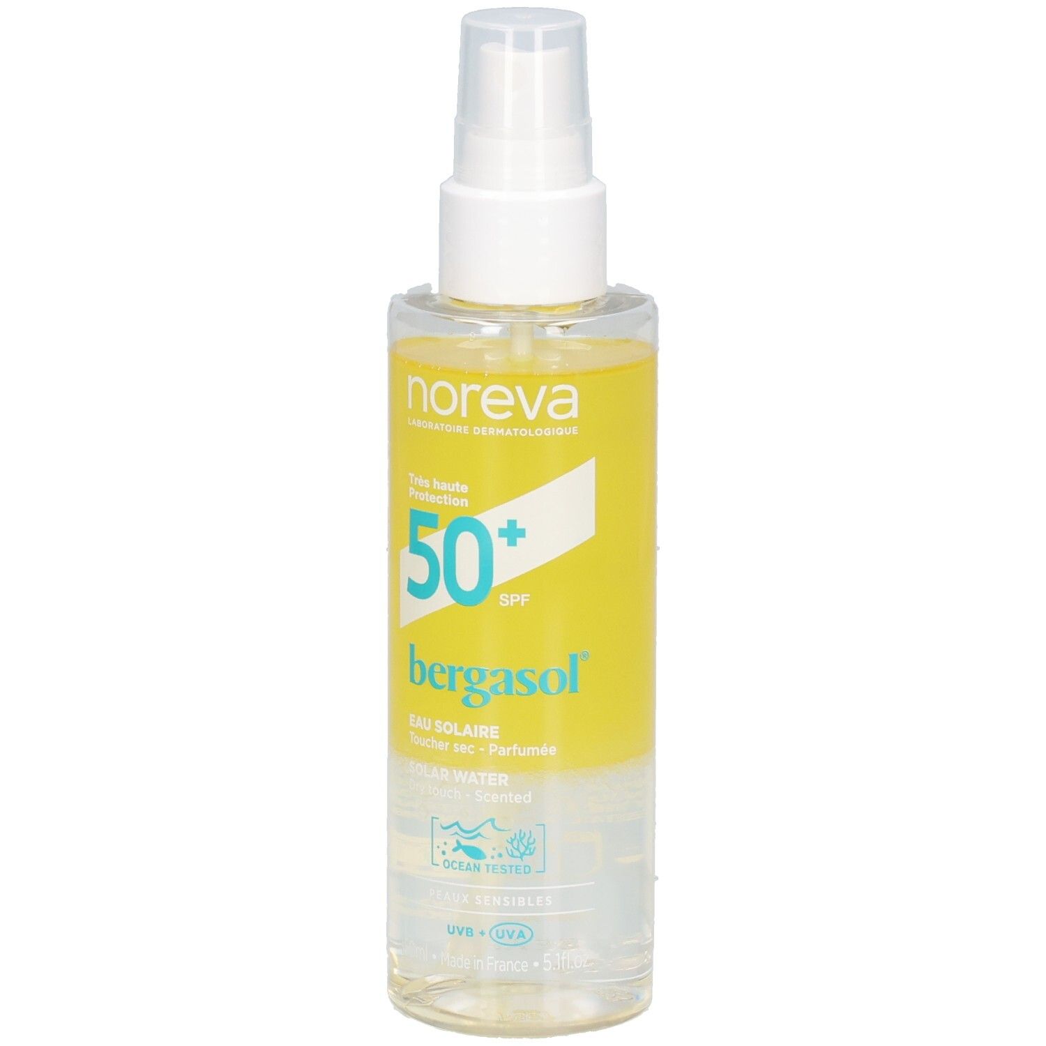 NOREVA Bergasol Sonnenwasser Spray LSF 50+. Transparente Flüssigkeit in klarer Sprühflasche mit gelbem Etikett.