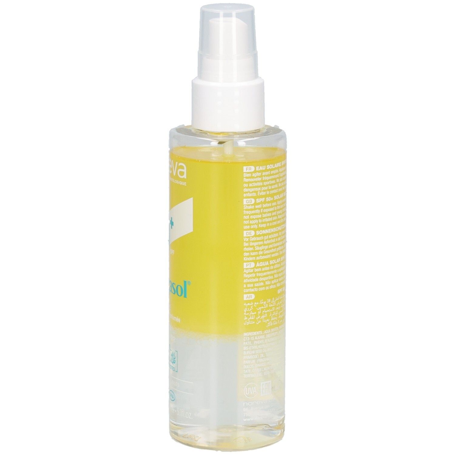 Rückseite NOREVA Bergasol Sonnenwasser Spray LSF 50+. Gelbes Etikett mit Produktinformationen und Siegeln.