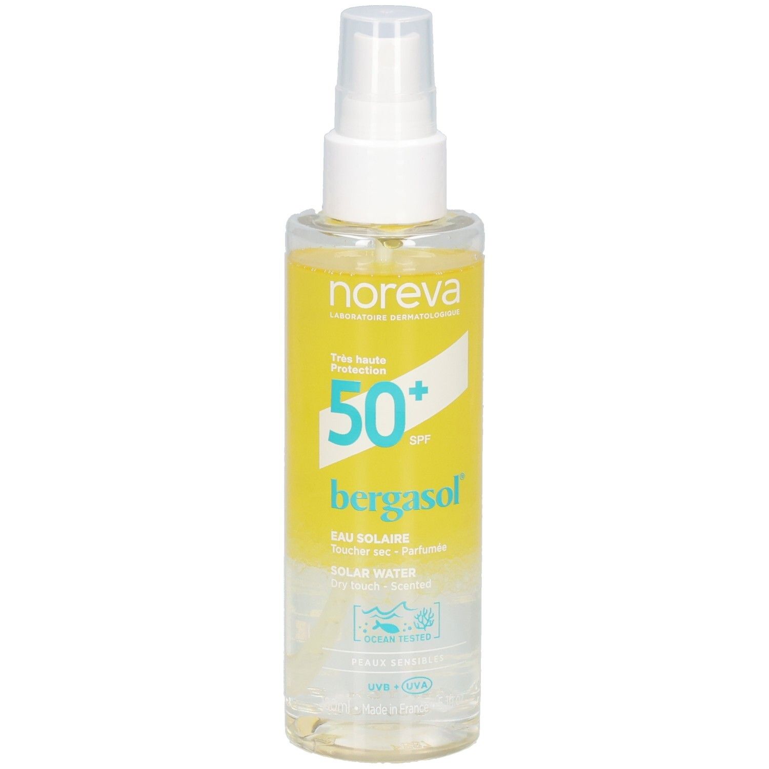 NOREVA Bergasol Sonnenwasser Spray LSF 50+. Transparente Flüssigkeit in klarer Sprühflasche mit gelbem Etikett.