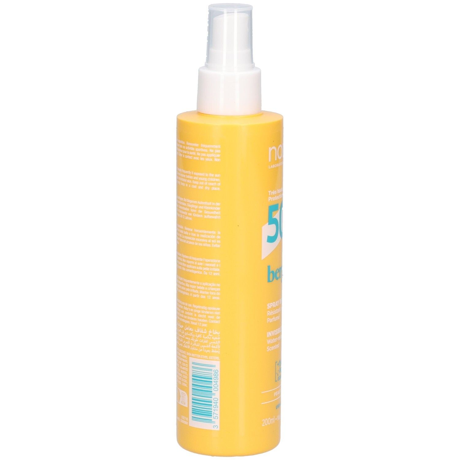 Rückseite der NOREVA Bergasol Sonnenspray LSF 50+ Sprühflasche mit Text.