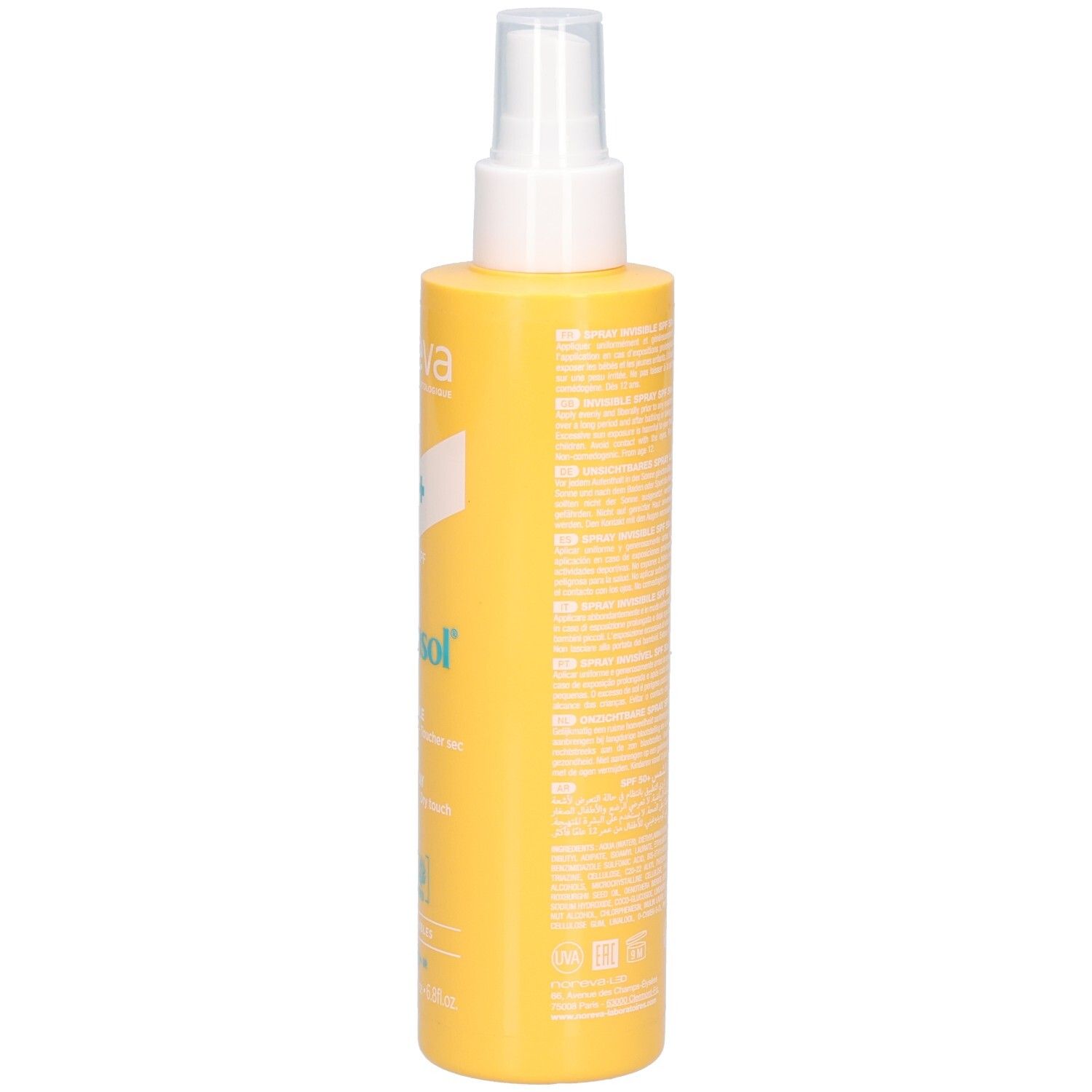 Seitenansicht der NOREVA Bergasol Sonnenspray LSF 50+ Sprühflasche mit Text.