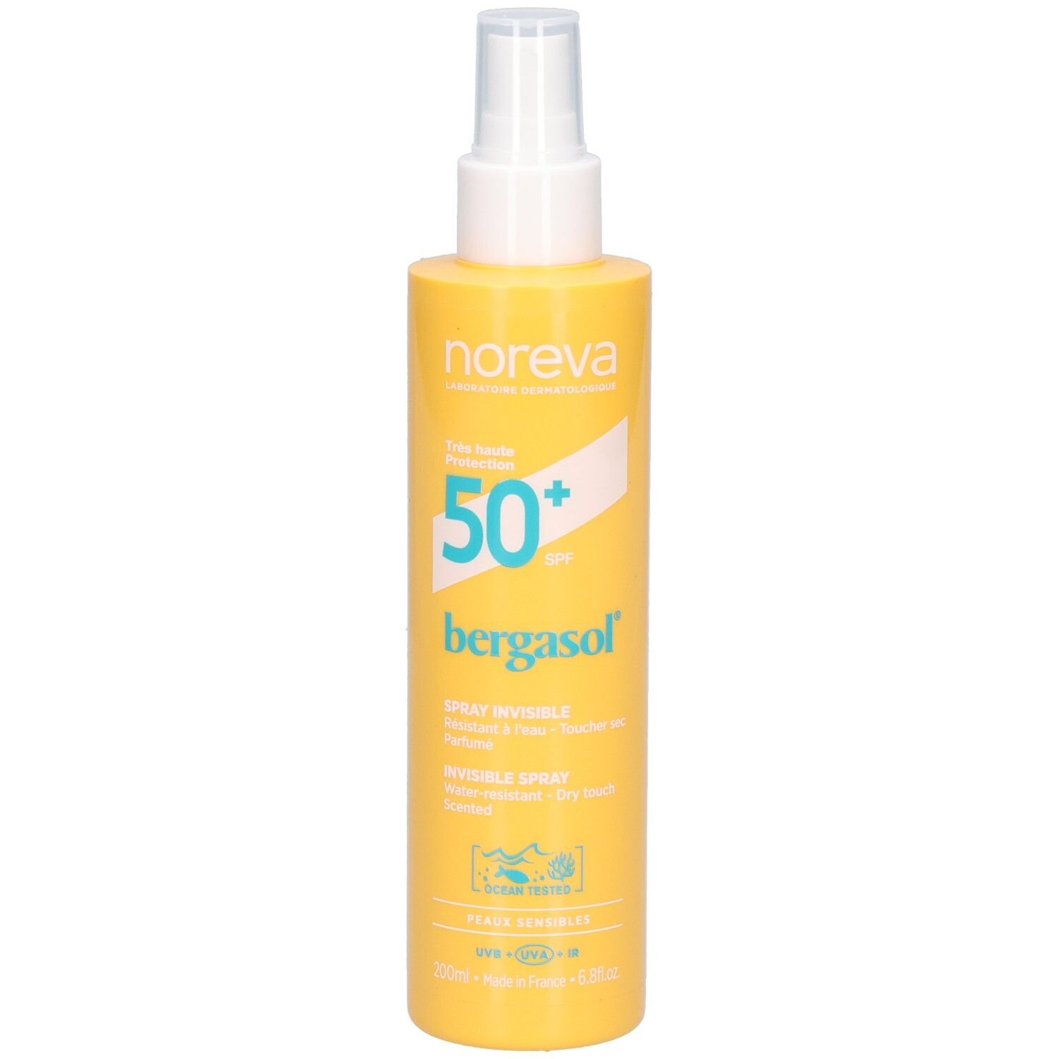 Vorderseite der NOREVA Bergasol Sonnenspray LSF 50+ Sprühflasche mit Text.