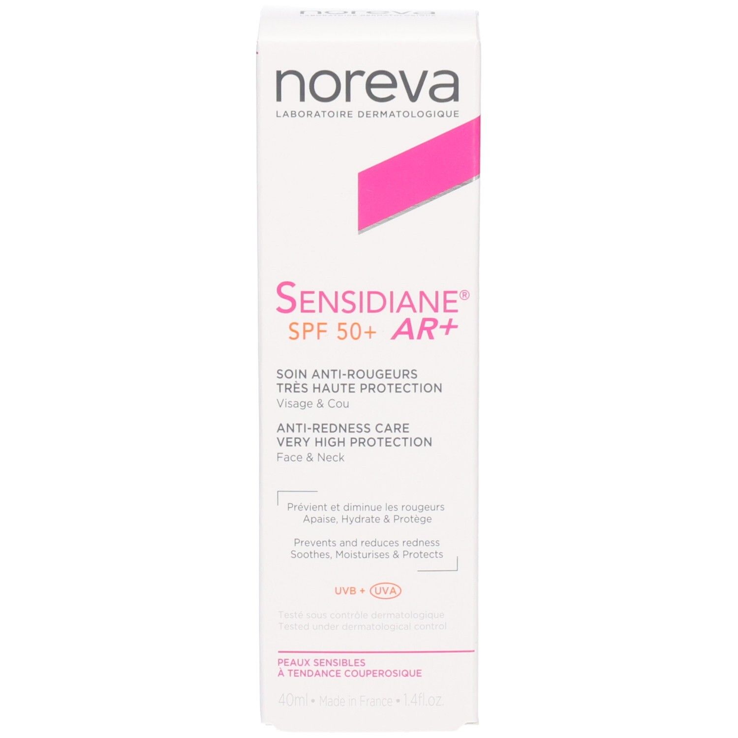Faltschachtel der NOREVA Sensidiane AR+ Pflegecreme LSF 50+ mit rosa Akzenten.