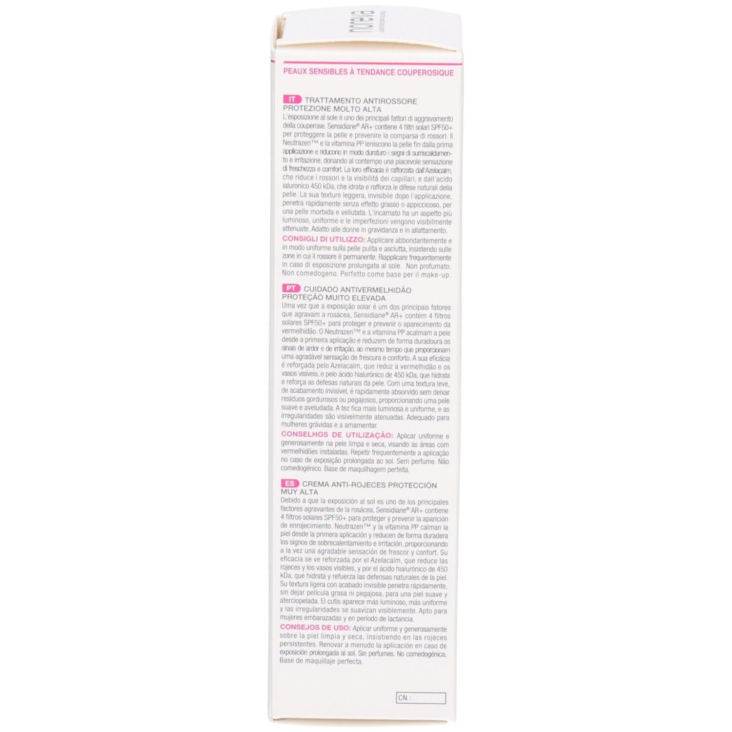 Seitenansicht der Faltschachtel NOREVA Sensidiane AR+ Pflegecreme LSF 50+ mit Produktinformationen.