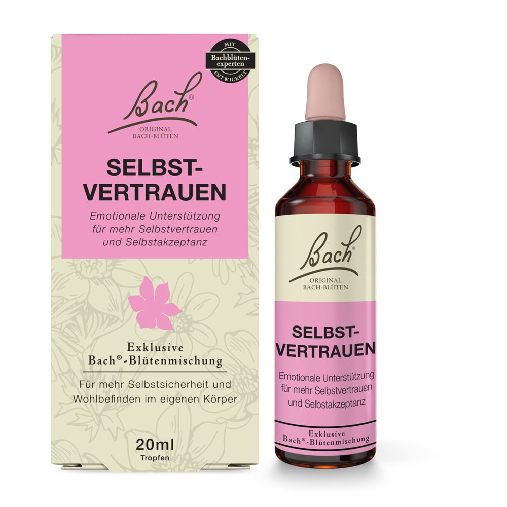 Bach Bachblüten Tropfen Selbstvertrauen 20ml Flasche und Karton.