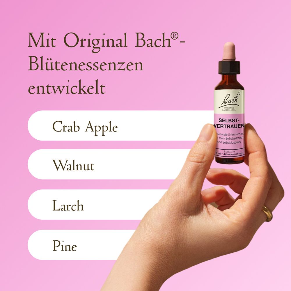 Braune Glasflasche mit Pipette, Etikett mit Bach-Logo und Aufschrift 'SELBST-VERTRAUEN'.