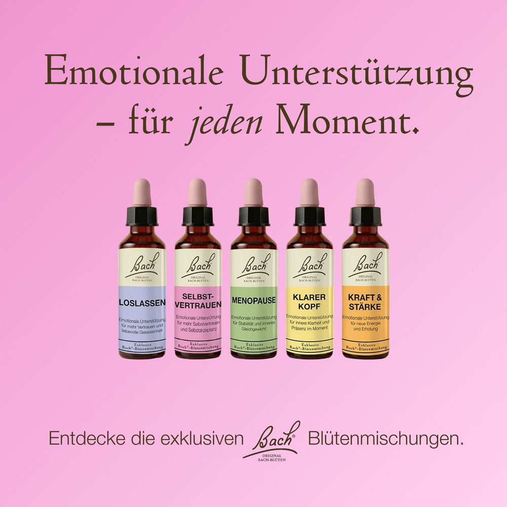 Fünf Bachblüten-Tropfenflaschen mit Pipettenaufsatz in verschiedenen Farben und Beschriftungen: Loslassen, Selbst-Vertrauen, Menopause, Klarer Kopf, Kraft & Stärke.