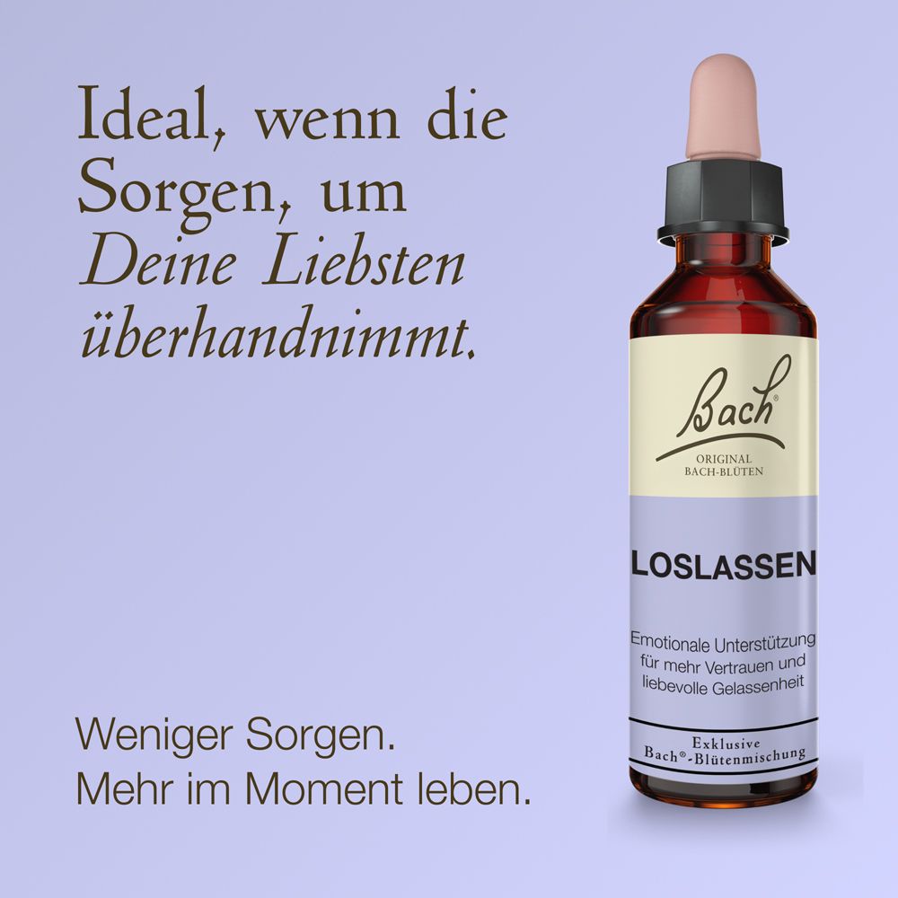 Braune Glasflasche mit Pipettenverschluss, Etikett mit Bach-Logo und Aufschrift LOSLASSEN.