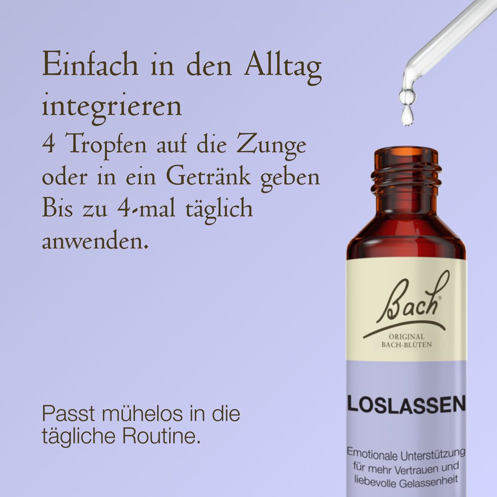 Braune Glasflasche mit Pipettenverschluss, Etikett mit Bach-Logo und Aufschrift "LOSLASSEN". Tropfen fallen aus Pipette. Text: "Einfach in den Alltag integrieren".