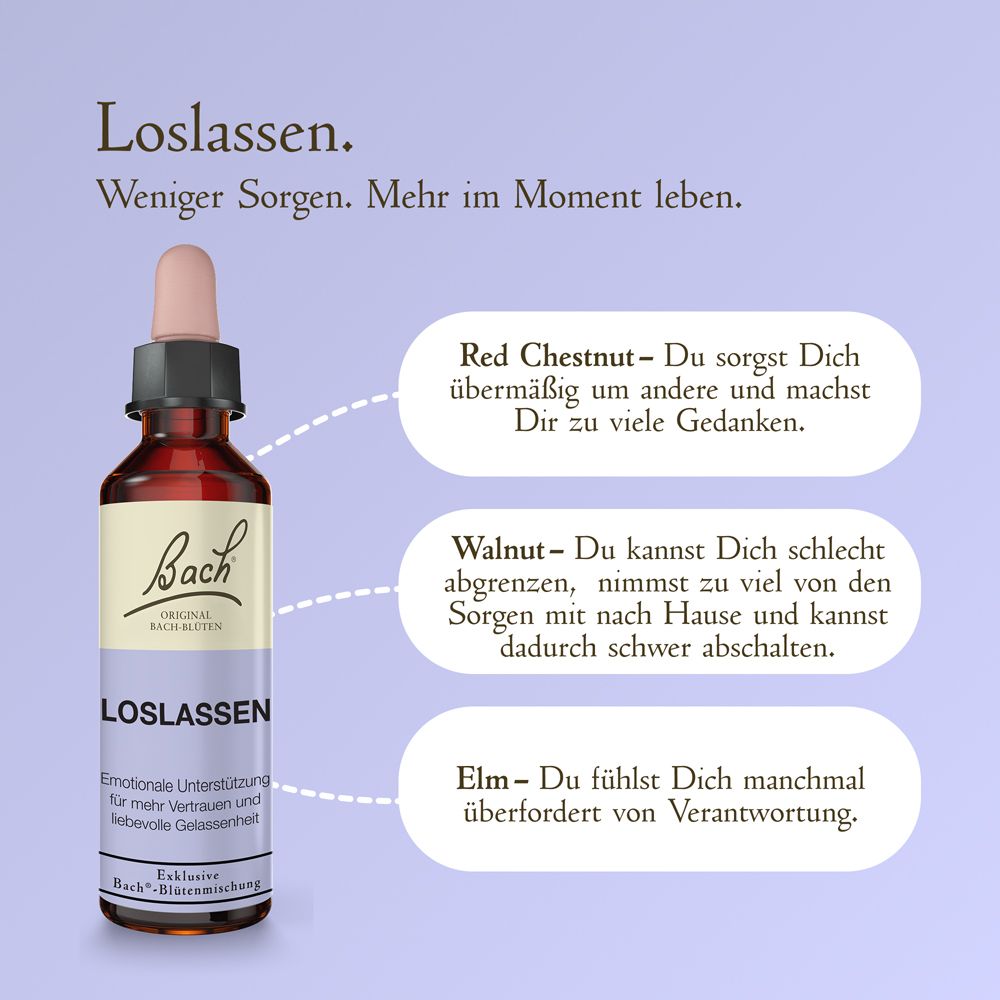 Braune Glasflasche mit Pipettenverschluss, Etikett mit Bach-Logo und Aufschrift "LOSLASSEN". Daneben Erklärungen zu Red Chestnut, Walnut und Elm.