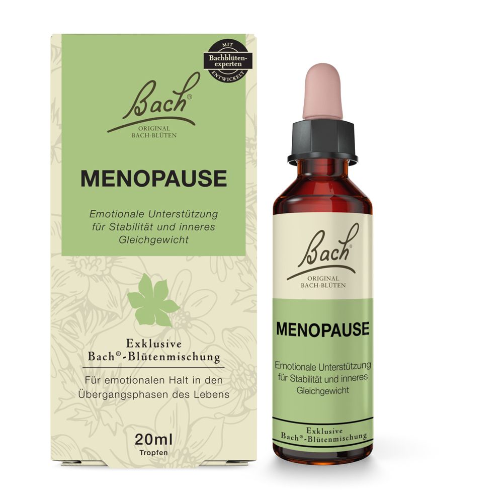 Bach Blüten Tropfenflasche und Kartonverpackung 'MENOPAUSE', 20ml. Braunes Glas, rosa Pipettenspitze.