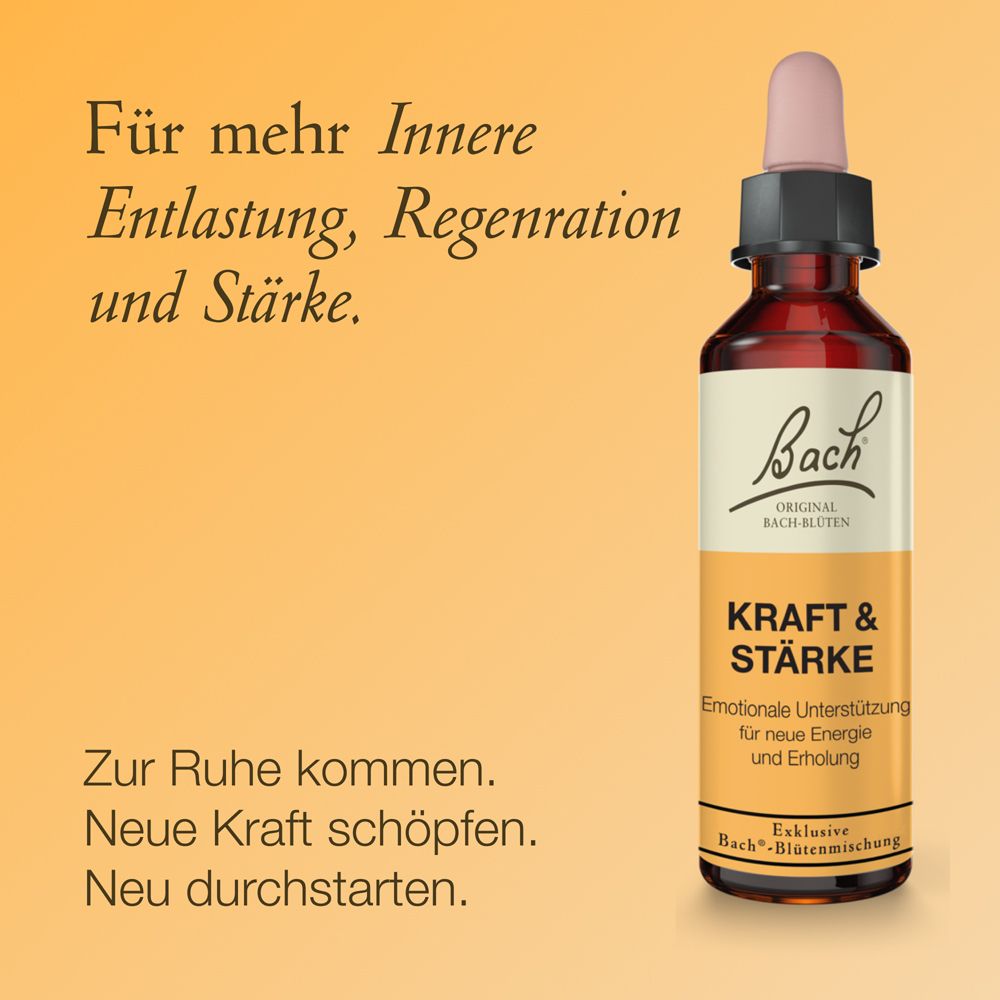 Braune Glasflasche mit Pipette, Etikett mit 'Bach KRAFT & STÄRKE' Aufschrift.