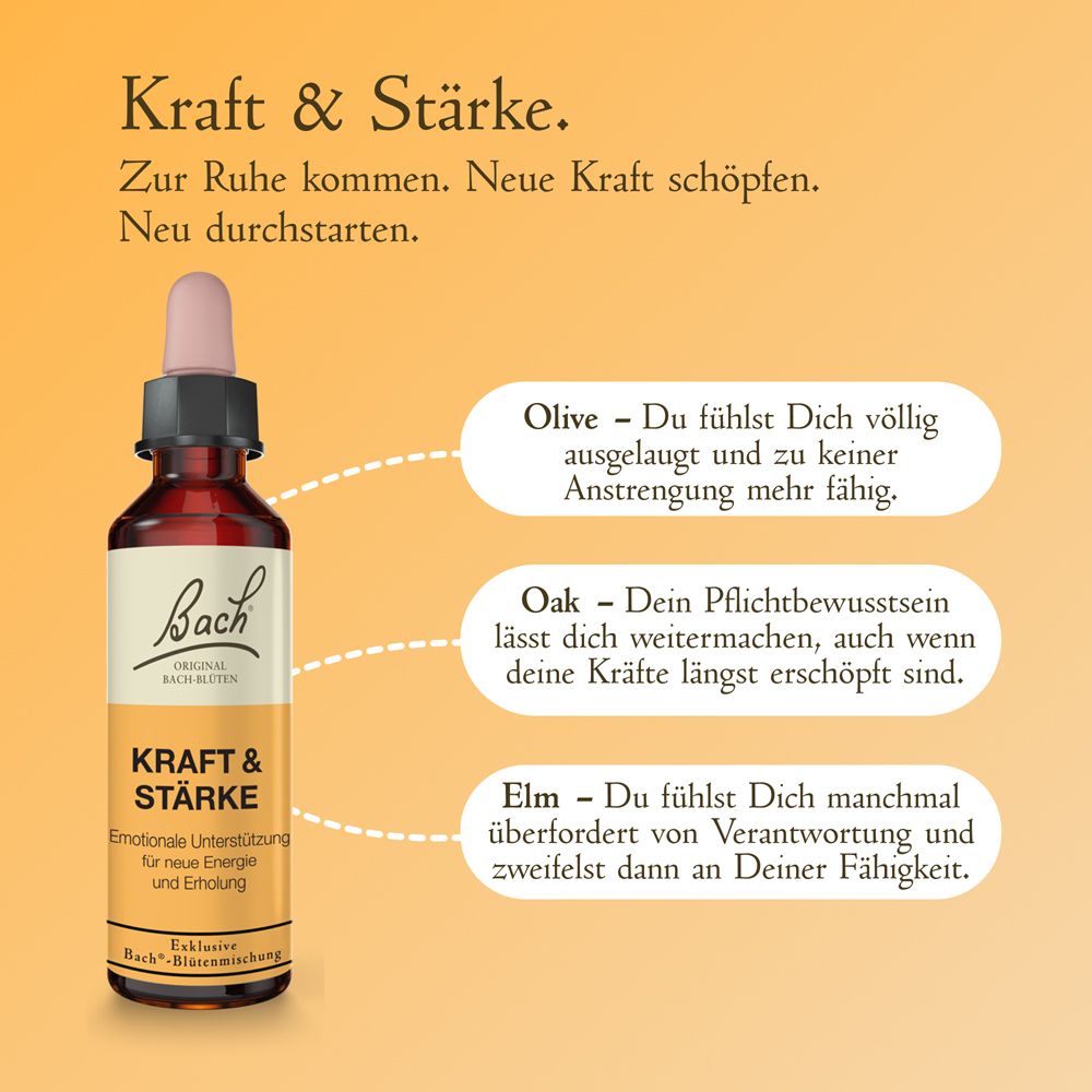 Bach Kraft & Stärke Tropfenflasche mit Pipette. "Kraft & Stärke" steht für emotionale Unterstützung für neue Energie und Erholung.