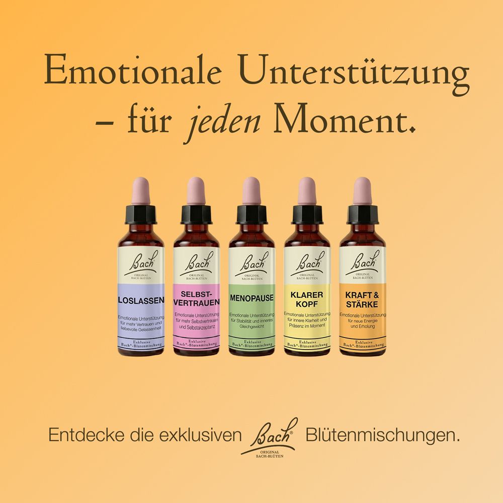 Fünf Bach Blüten Tropfenflaschen, darunter KLARER KOPF, auf orangefarbenem Hintergrund.