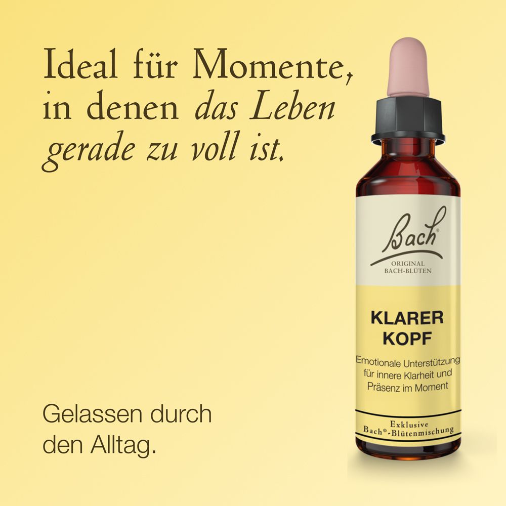 Bach Blüten KLARER KOPF Tropfenflasche auf gelbem Hintergrund mit Text.