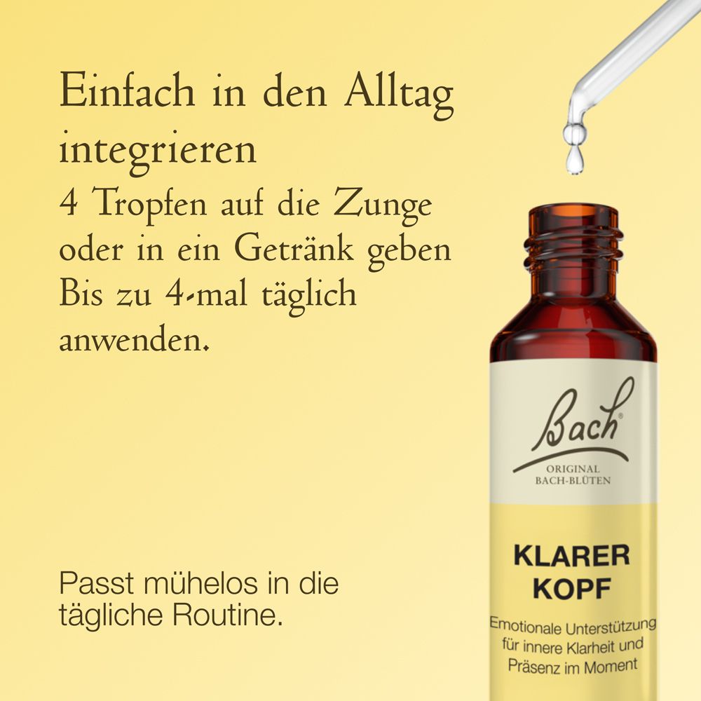 Braune Glasflasche mit Pipette, Etikett mit Bach-Logo und Aufschrift 'KLARER KOPF'.