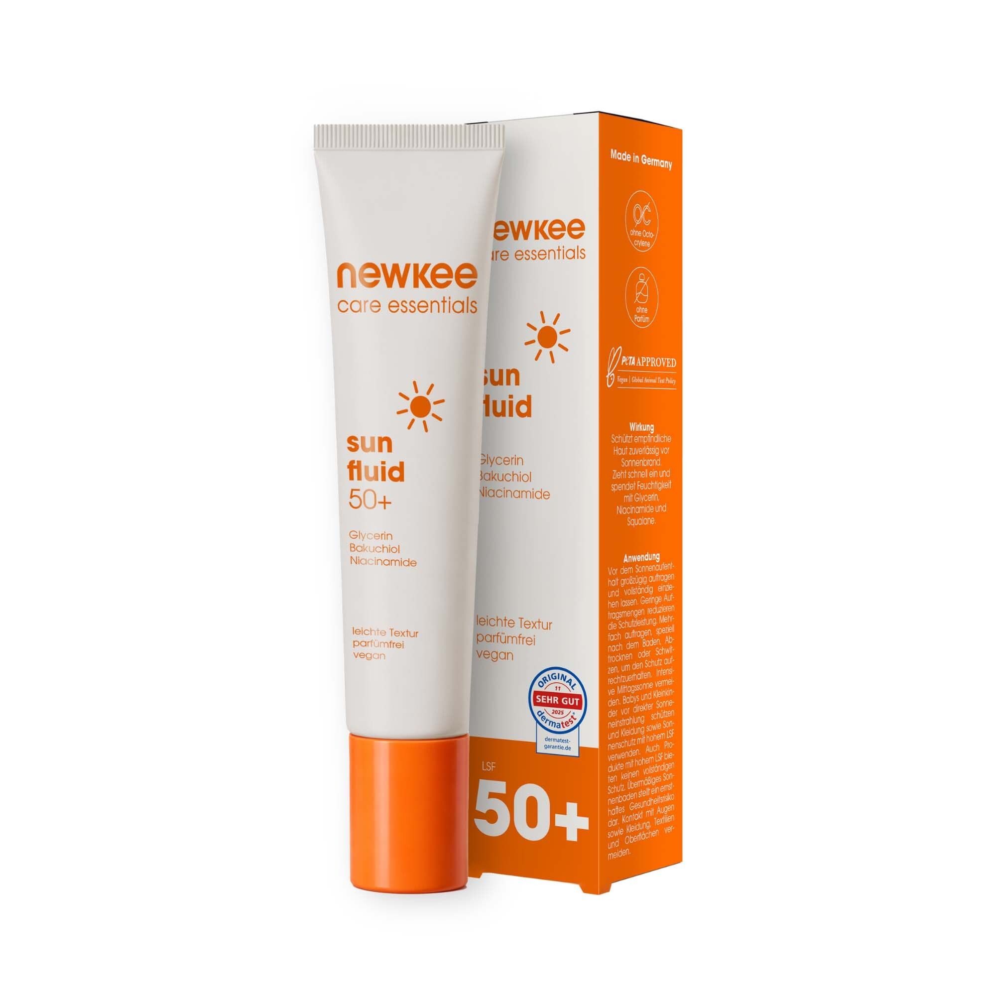 Newkee Care Essentials Fluide Solaire 50+ tube et boîte.