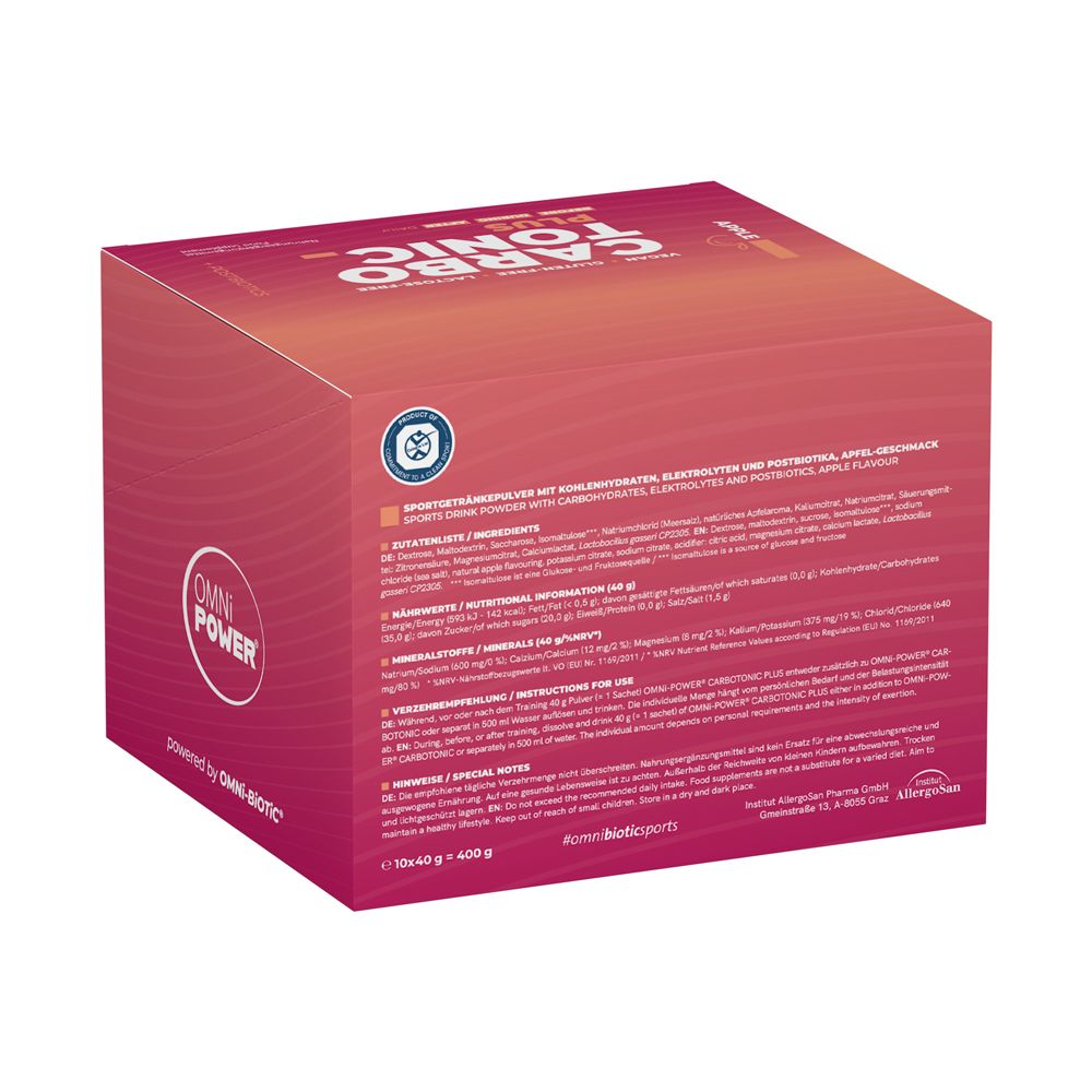 Rückseite der OMNI POWER CARBO TONIC PLUS Pulver Sachet Box mit Nährwertangaben und Anwendungshinweisen.