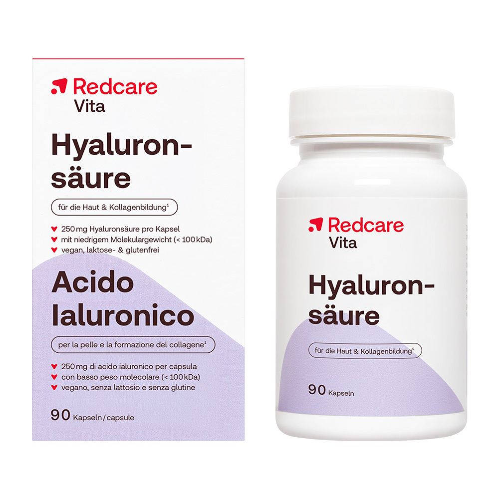 Redcare Hyaluronsäure Kapseln, 90 Stück. Enthält 250mg Hyaluronsäure pro Kapsel.