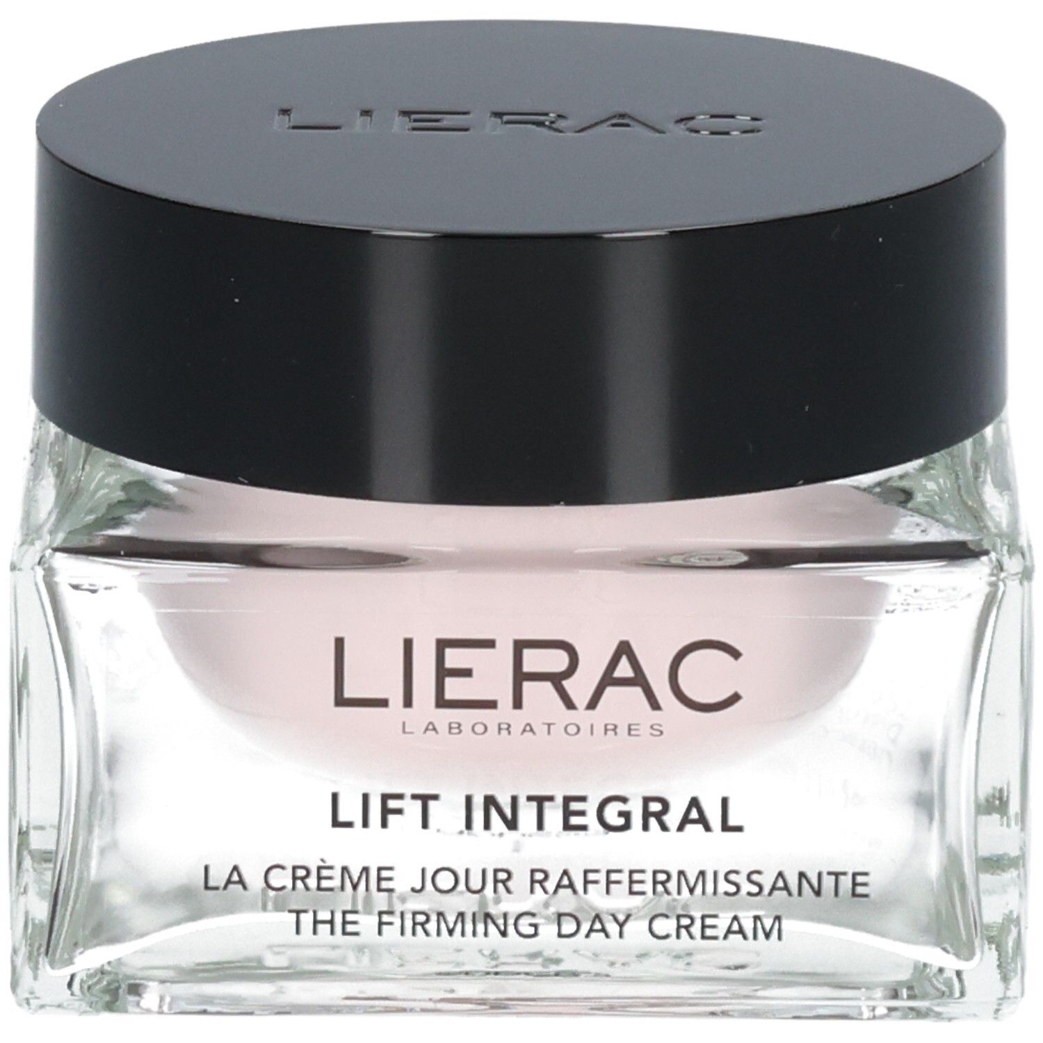 Lierac Lift Integral Firming Day Cream in einem Glasbehälter mit schwarzem Deckel.