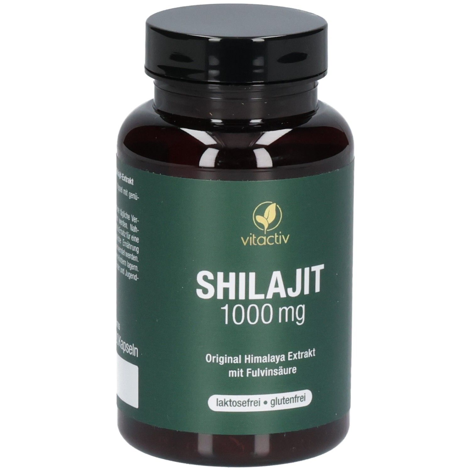 Vitactiv Shilajit 1000 mg Kapseln: Braune Glasflasche mit schwarzem Verschluss. Grünes Etikett mit Produktinformationen.