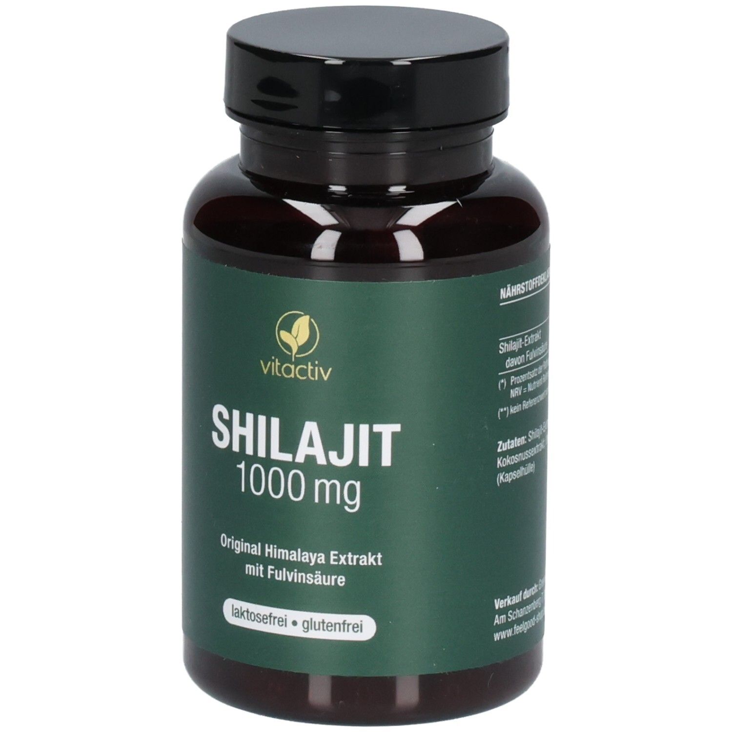 Vitactiv Shilajit 1000 mg Kapseln: Braune Glasflasche mit grünem Etikett. Enthält Himalaya-Extrakt, ist laktose- und glutenfrei.