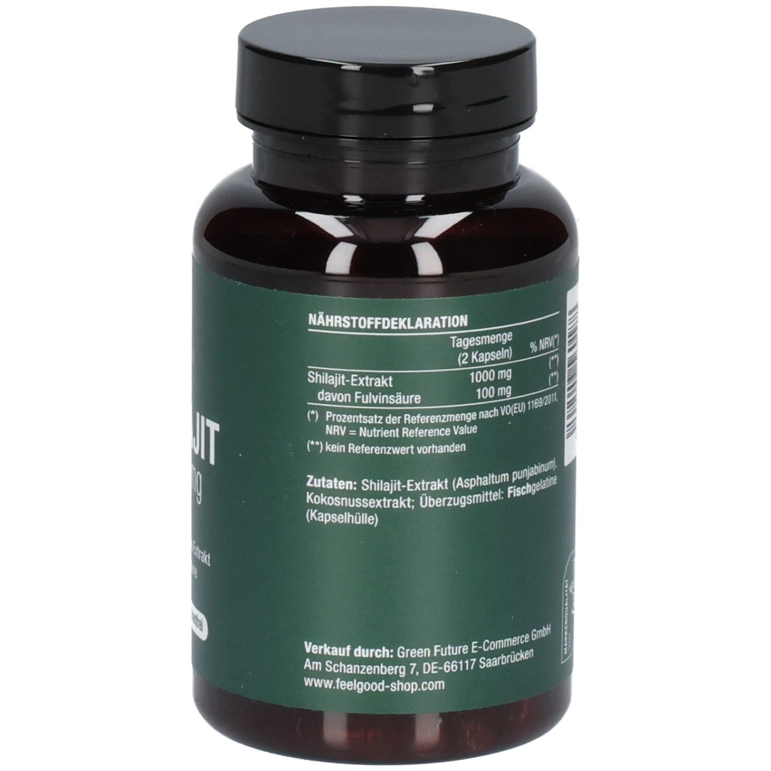 Vitactiv Shilajit 1000 mg: Flasche mit Etikett und Nährwertdeklaration. Enthält Fischgelatine.