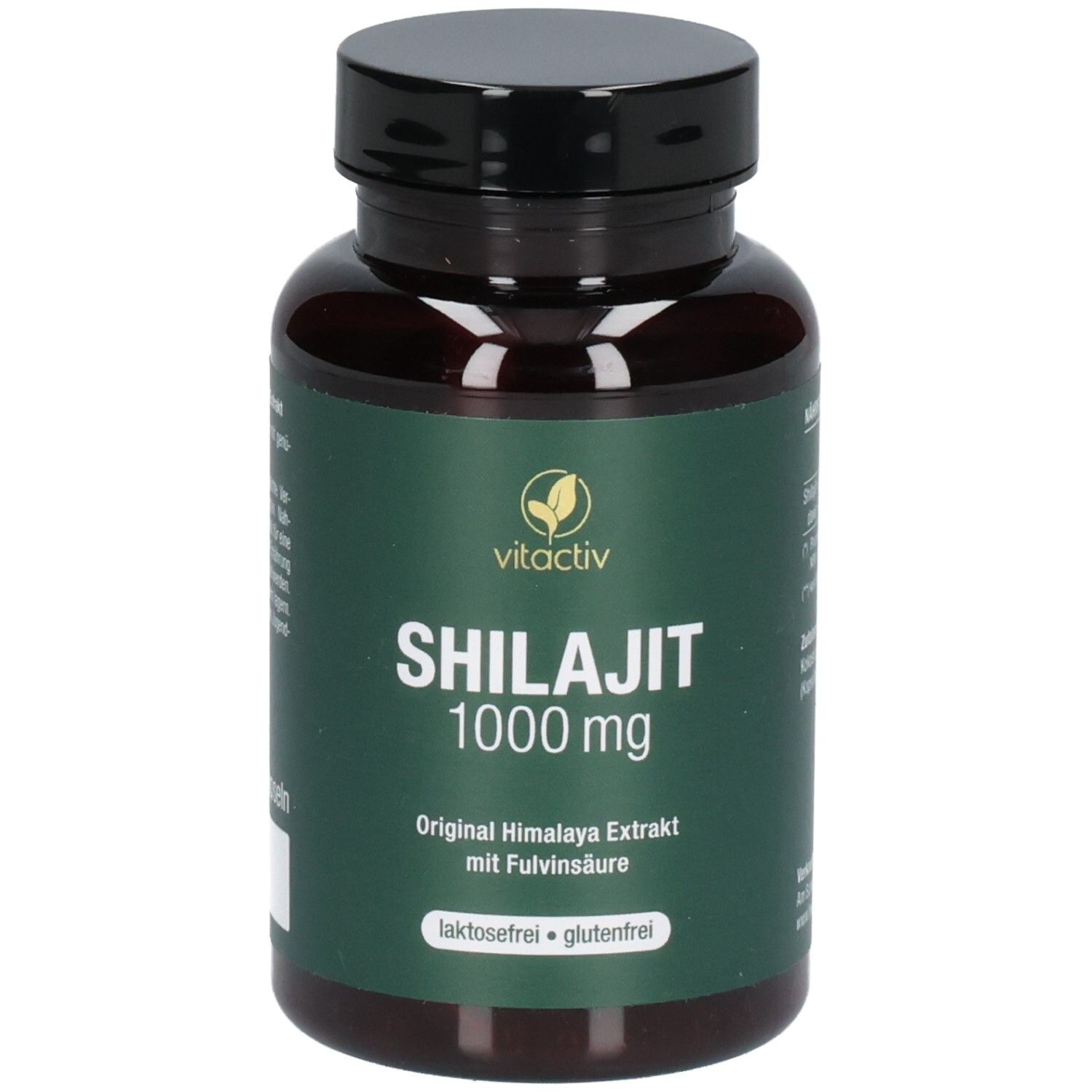Vitactiv Shilajit 1000 mg Kapseln: Braune Glasflasche mit grünem Etikett, goldener Verschluss. Enthält Himalaya-Extrakt.