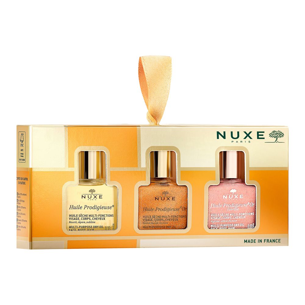 Nuxe Geschenkset mit drei kleinen Flaschen Huile Prodigieuse.