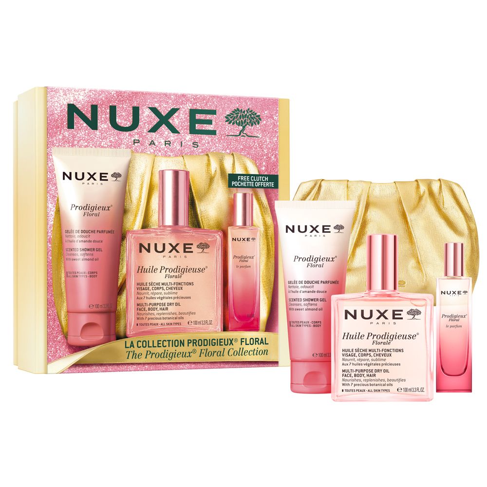 Nuxe "La Collection Prodigieux Floral" Set mit Körperpflegeprodukten und Parfüm.
