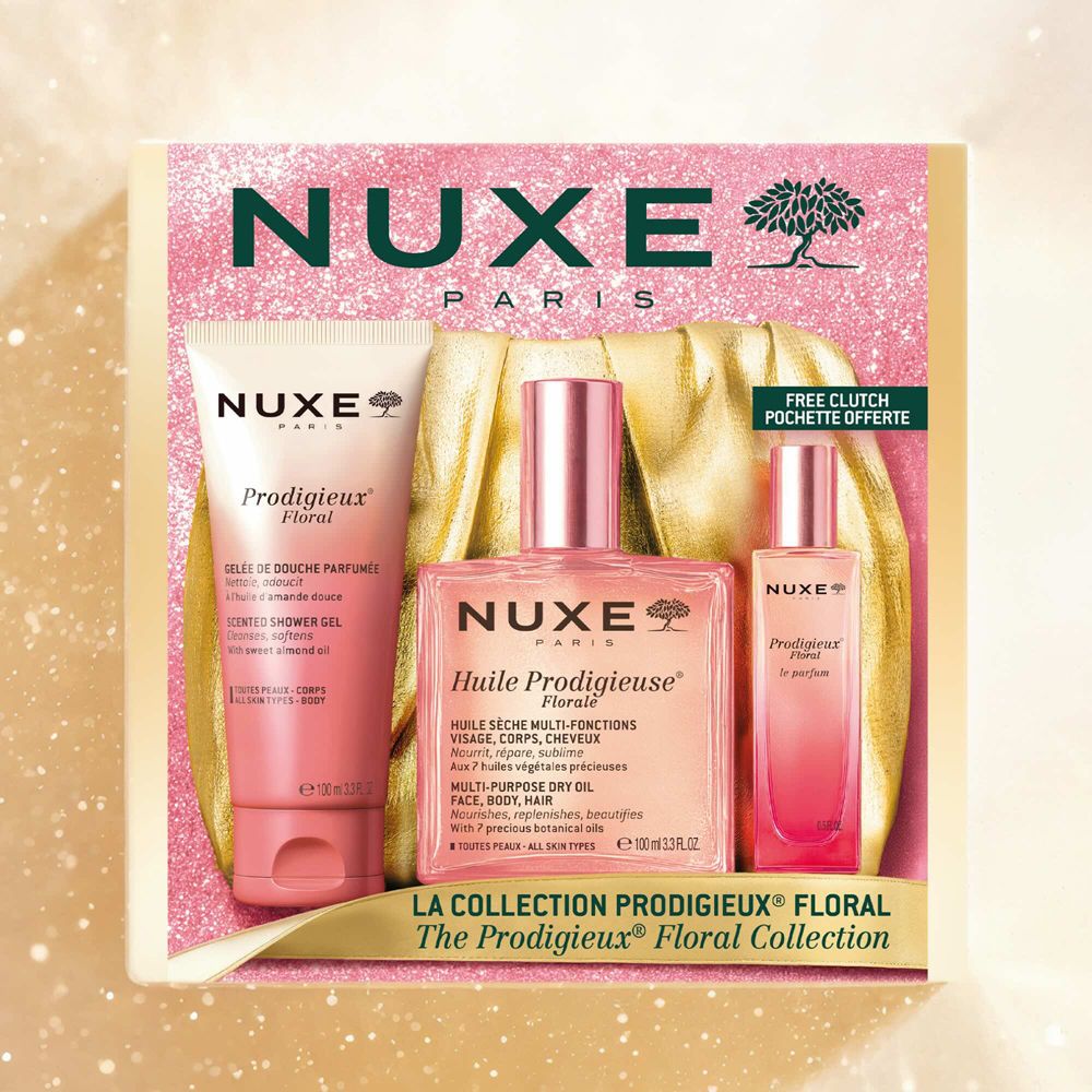 Nuxe "La Collection Prodigieux Floral" Geschenkset mit Duschgel, Körperöl und Parfüm.