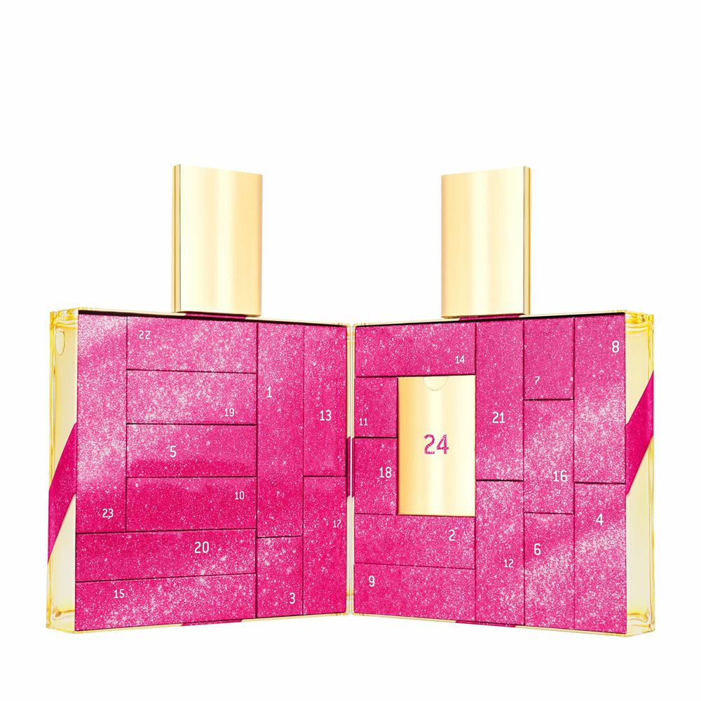Un calendrier de l'Avent ouvert, rose avec des accents dorés et 24 portes.