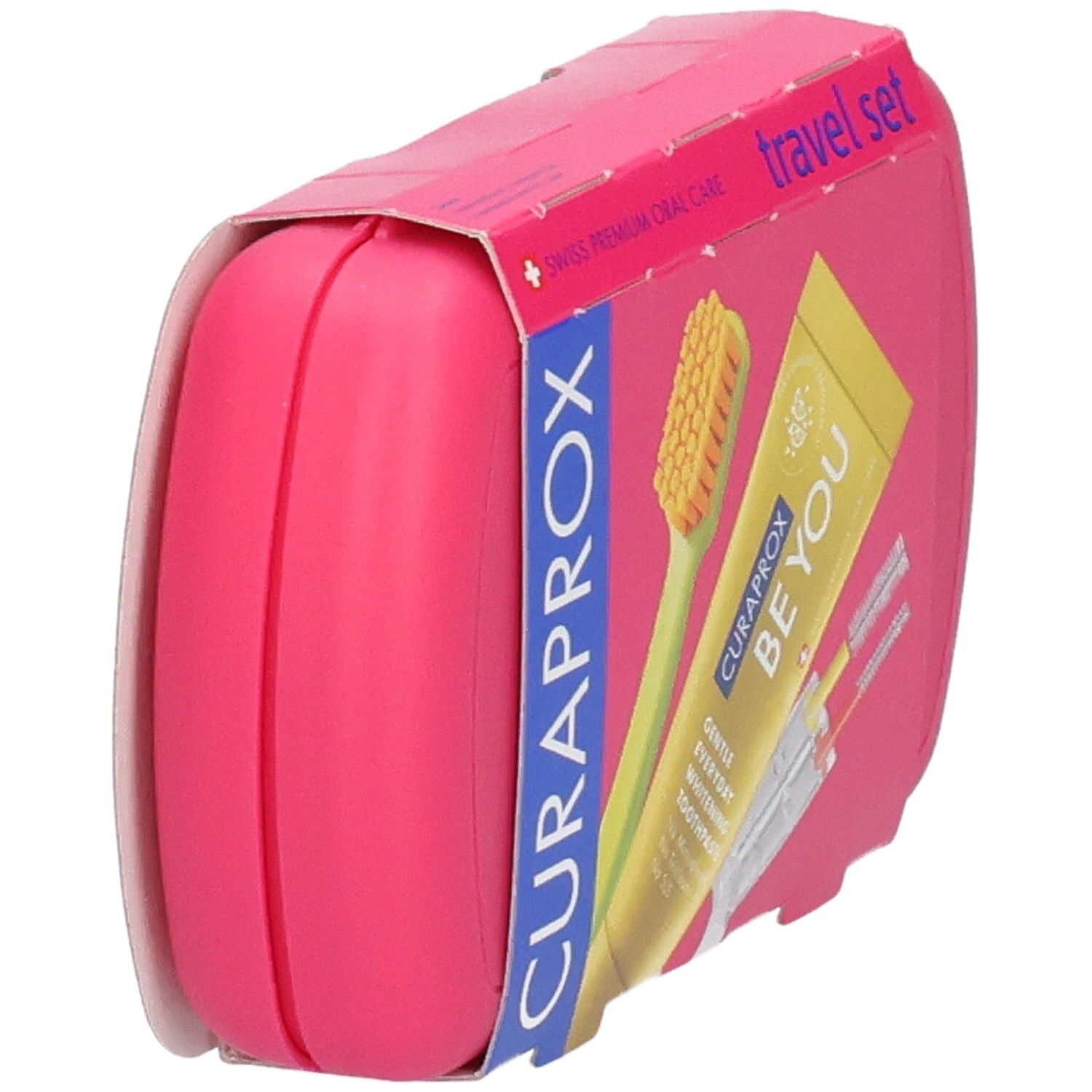 Reise-Zahnpflegeset in Pink mit Zahnbürste und Zahnpasta.