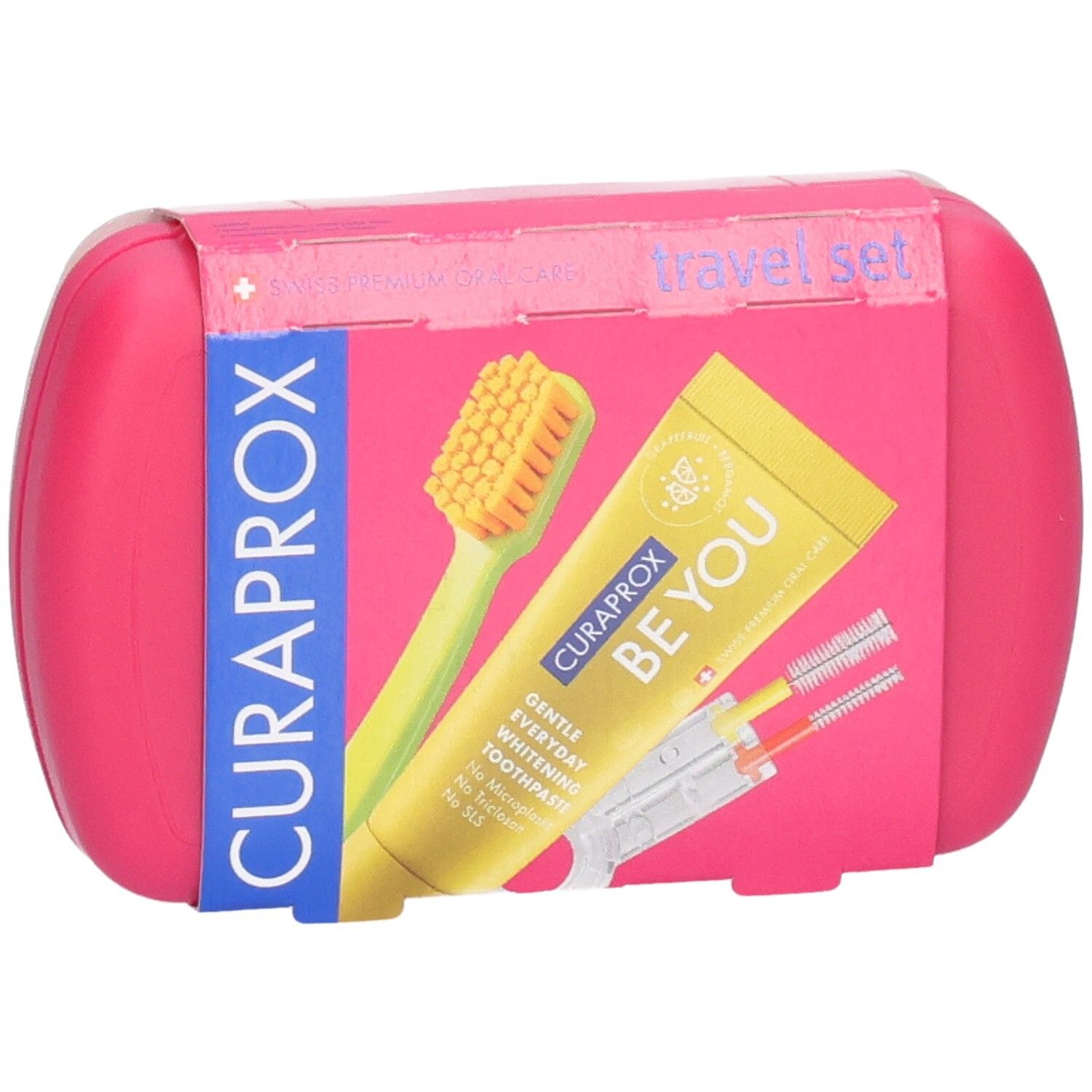 Curaprox Reise-Set in pinker Hülle mit Zahnbürste, Zahnpasta und Interdentalbürsten.