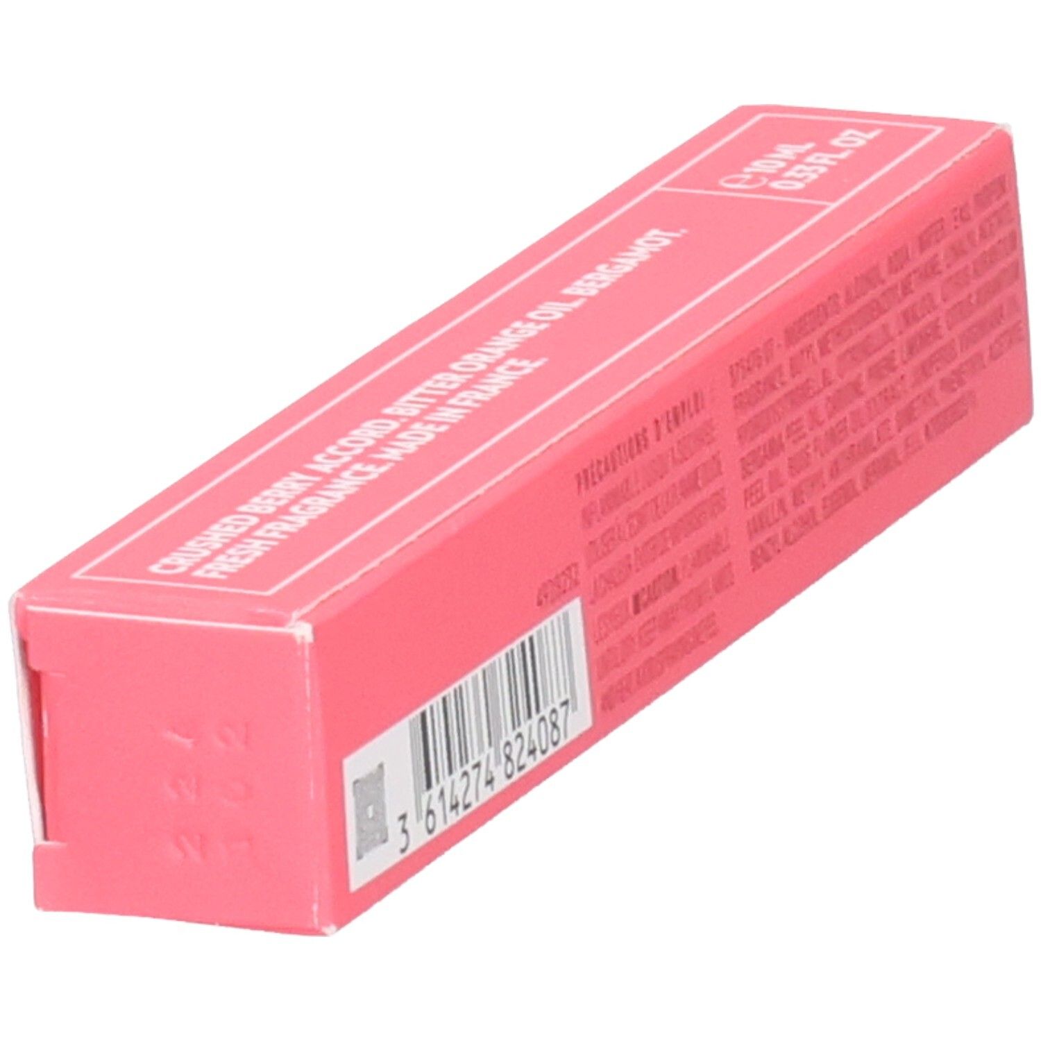 Rosa Verpackung mit Aufdruck: "CRUSHED BERRY ACCORD BITTER ORANGE OIL BERGAMOT". Hergestellt in Frankreich.