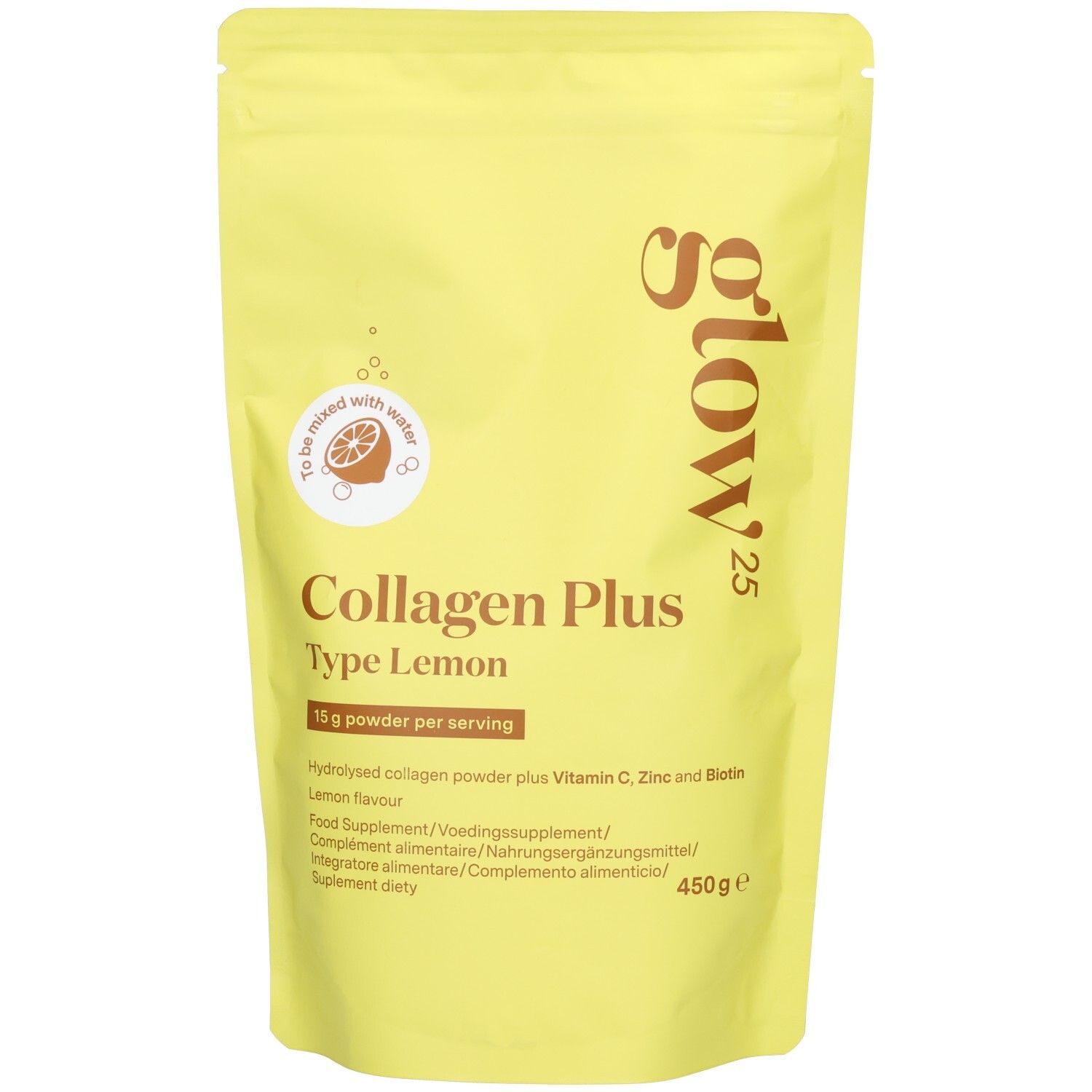 Glow25 Kollagen Plus Pulver Zitrone, 450g Beutel. Enthält Hydrolysiertes Kollagen, Vitamin C, Zink und Biotin.