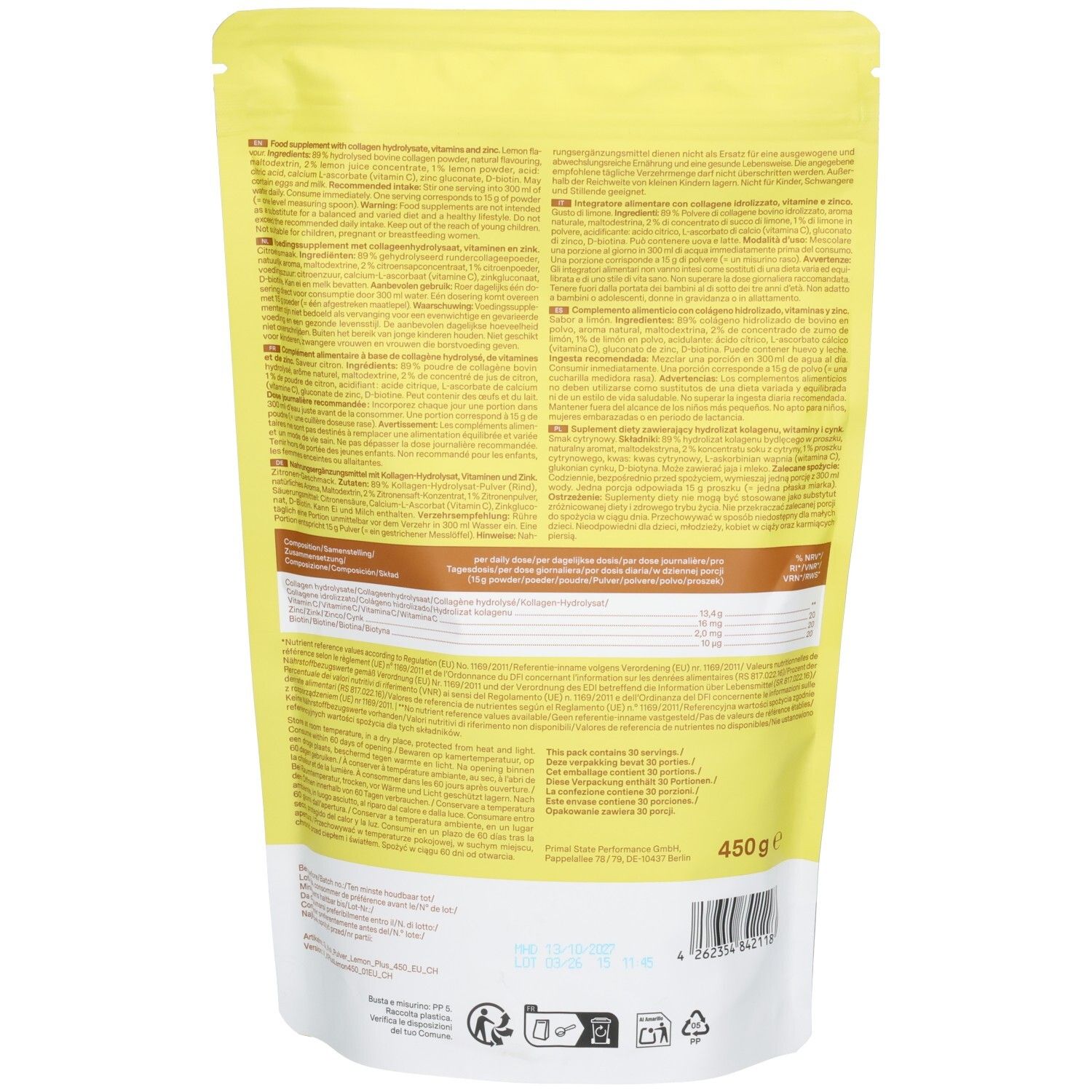 Rückseite eines Glow25 Kollagen Plus Pulver Zitrone Beutels mit Nährwertangaben und Anwendungshinweisen.