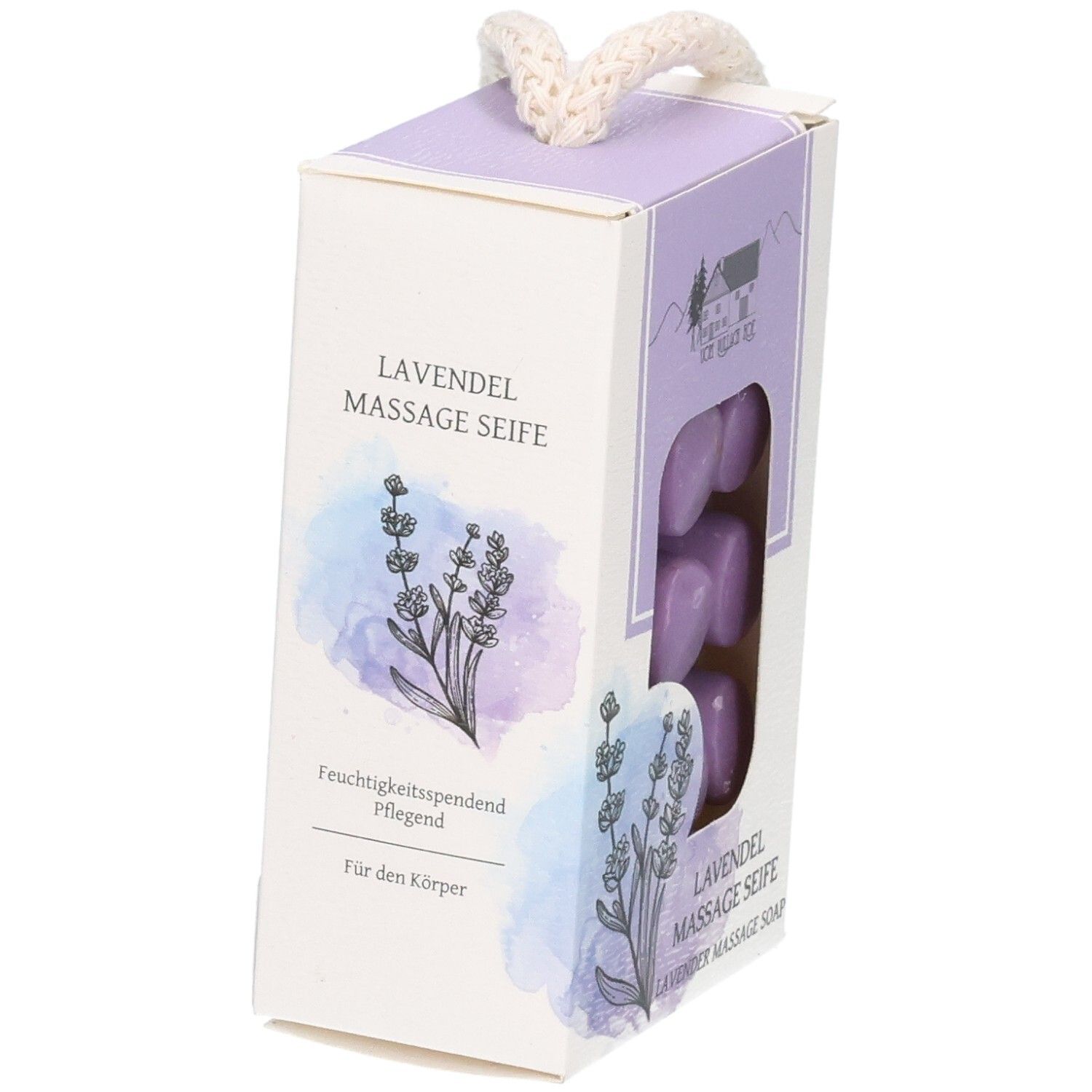 Verpackung mit Lavendel-Massage-Seife, feuchtigkeitsspendend und pflegend.