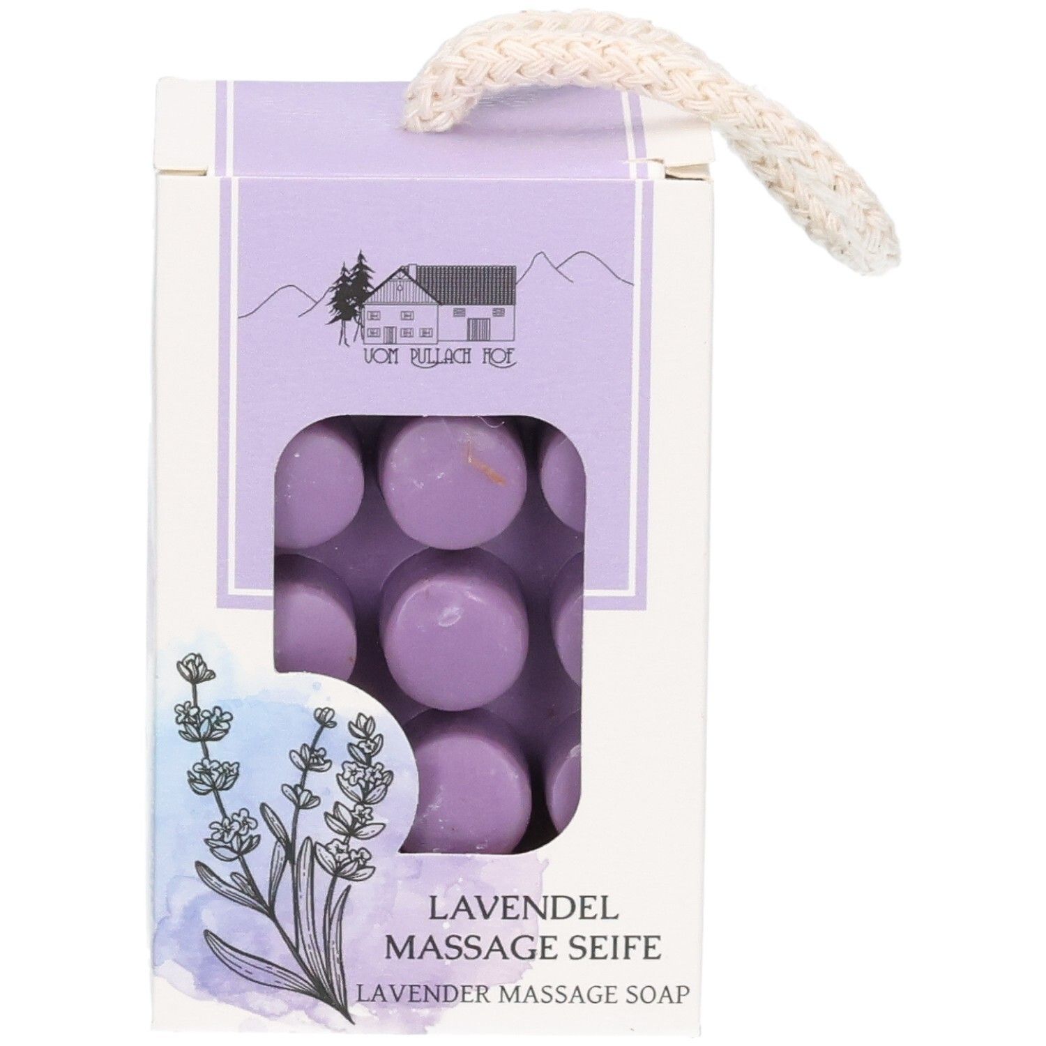 Lavendel Massage Seife in runder Form, verpackt in einer Kartonschachtel mit Lavendelmotiv.