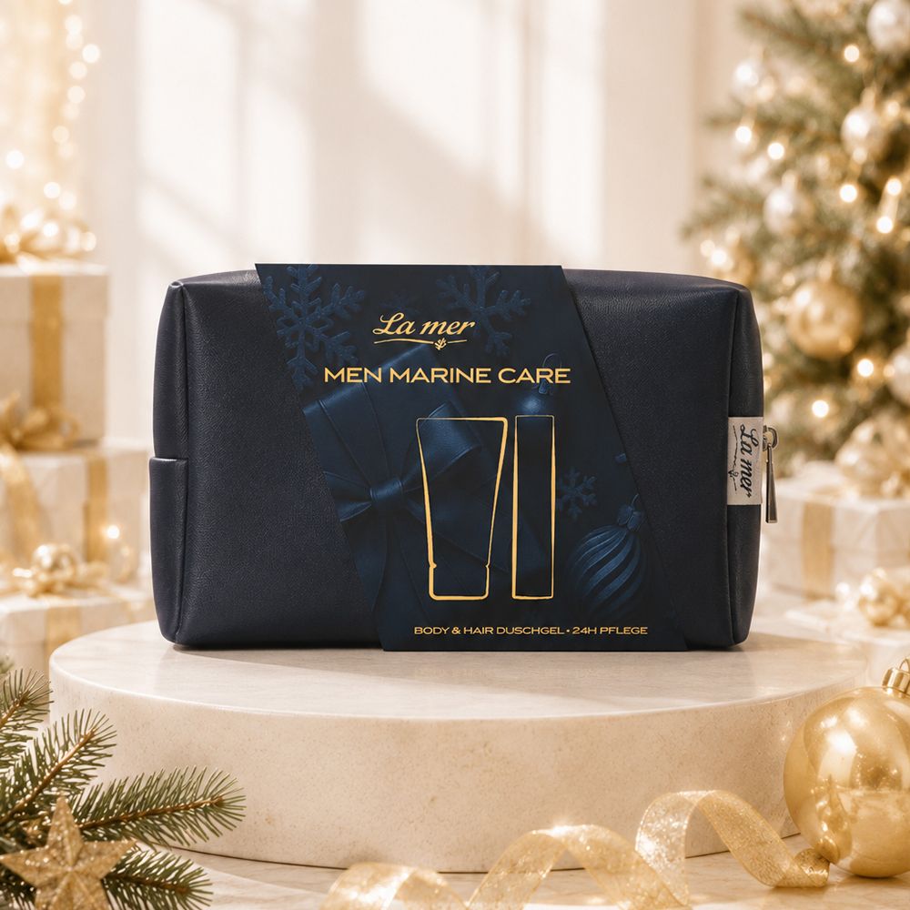 La mer MEN MARINE CARE Kosmetiktasche mit Duschgel und 24h Pflege, weihnachtlich dekoriert.