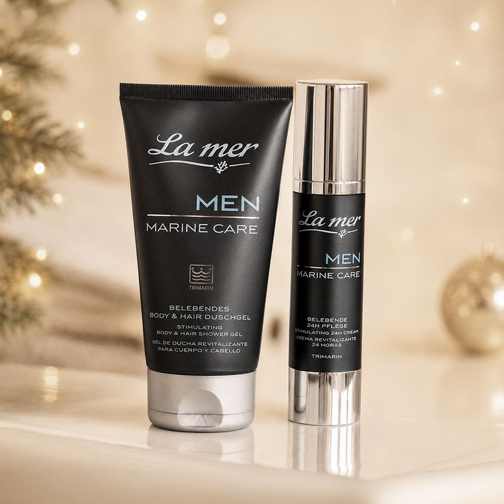 La mer MEN MARINE CARE Duschgel und Gesichtscreme in dunklen Flaschen.