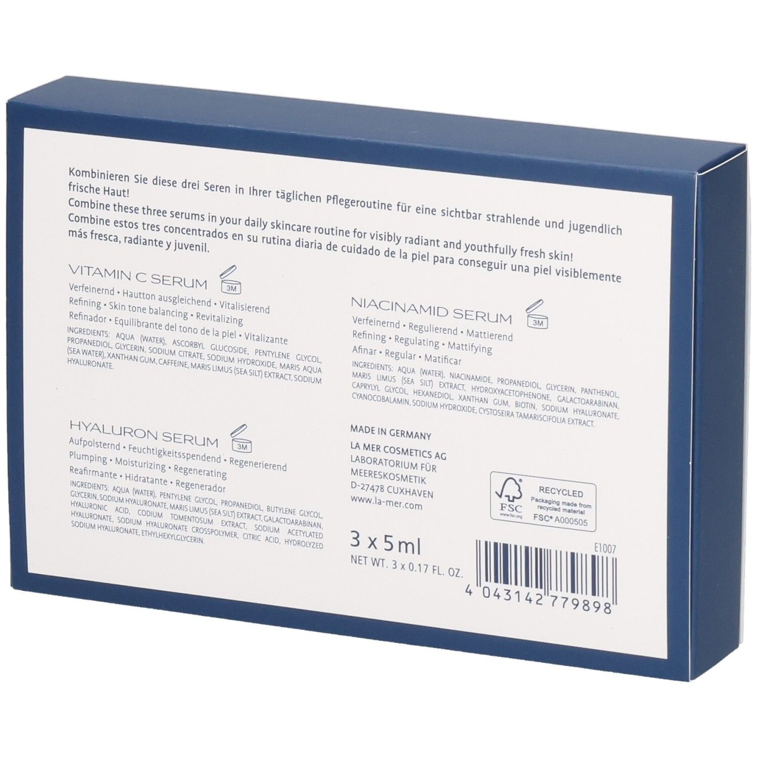 Verpackung mit drei Seren: Vitamin C, Hyaluron und Niacinamid. Enthält 3x 5ml Fläschchen.