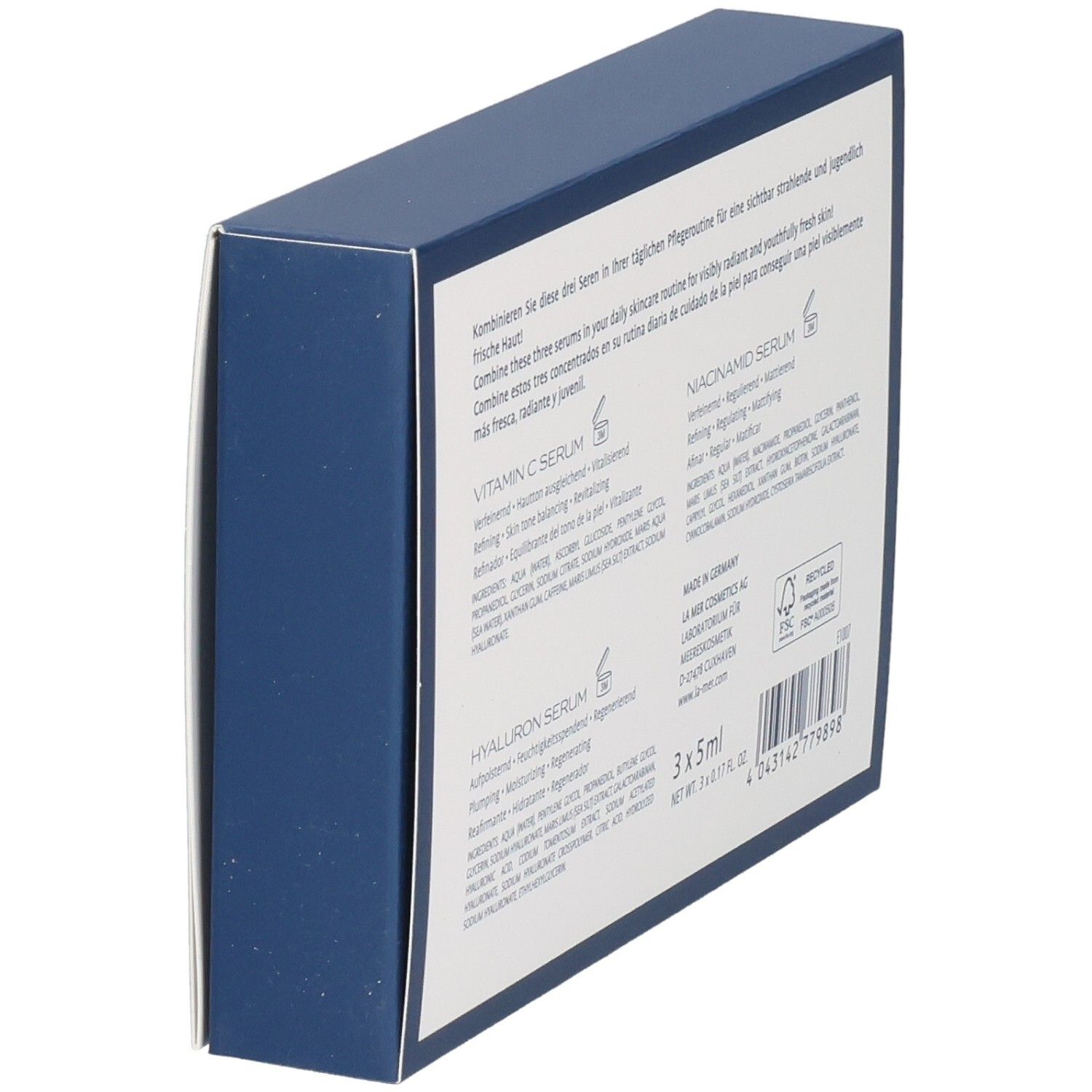 La mer Vitalisierendes Ampullen-Set mit Hyaluron, Oxygen, Age Defence. Rückseite mit Produktinformationen.