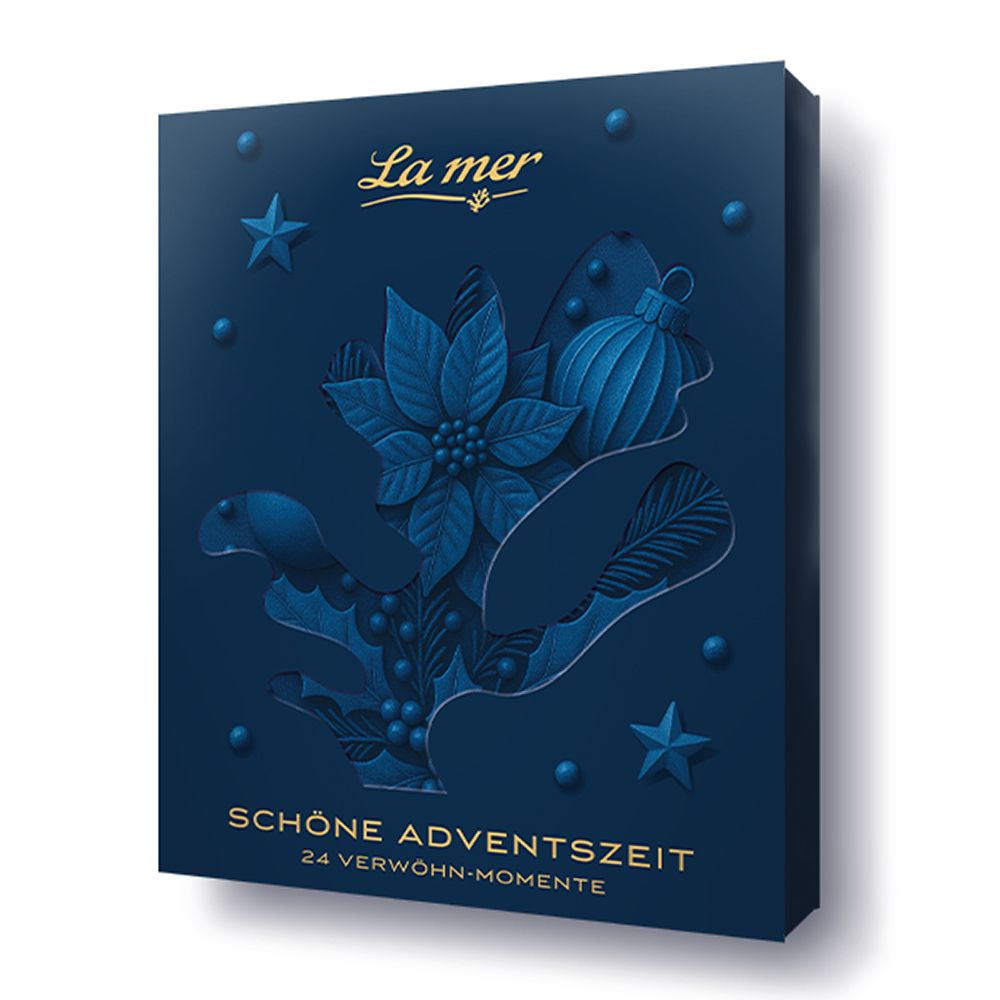Geschlossener La Mer Adventskalender in Dunkelblau mit weihnachtlichen Motiven.